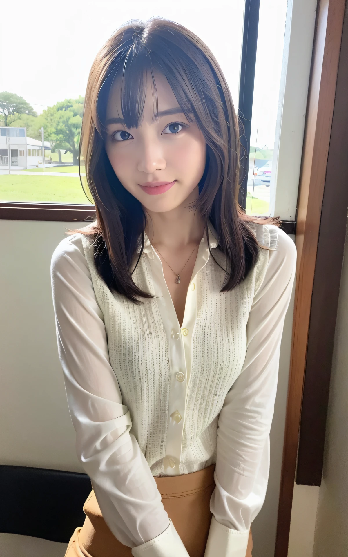8k, RAW photos, top quality, masterpiece: 1.2), ultra detailed, super resolution, (real, real photos: 1.37), portraits, high-definition RAW color photos, professional photos, very detailed and beautiful, very detailed, 8k wallpapers, amazing details, huge file size, official art, highly detailed CG Unity 8k wallpapers, highly detailed beautiful girls, highly detailed faces, Highly detailed eyes, very detailed skin, highly detailed fingers, very detailed nose, highly detailed detailed mouth, perfect anatomy, highly detailed background, very detailed clothing, one girl, cute girl, famous Japan idol, cute, realistic body, petite, white skin, radiant skin, slim body, (blunt bangs: 1.2), smile, cute, youthful, cute face, realistic face, delicate eyes, sagging eyes, skirt, camera gaze, contrappost, high street, public, crowd, dynamic lighting, very big breasts, high school, classroom, teacher, medium brown shorthair, ((viewed: 1.1)), laughing, window, blackboard, desk, ((standing in the classroom)))), suit, tight skirt, (simple white blouse), cowboy shot, holding file
