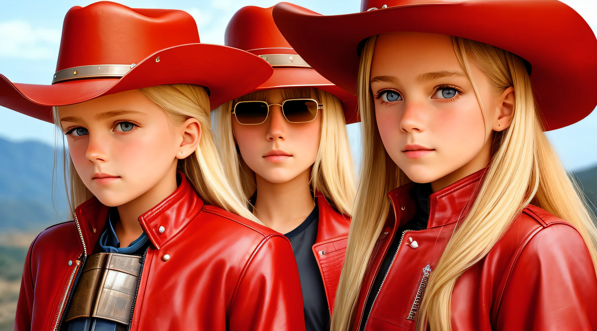 A half-body, portrait of 3 German  girls long blonde hair of 12 ye leather jackets, sunglasses, a horse and exudes confidence, a cowboy hat pulled over his eyes. Wild West with a touch of modern style.