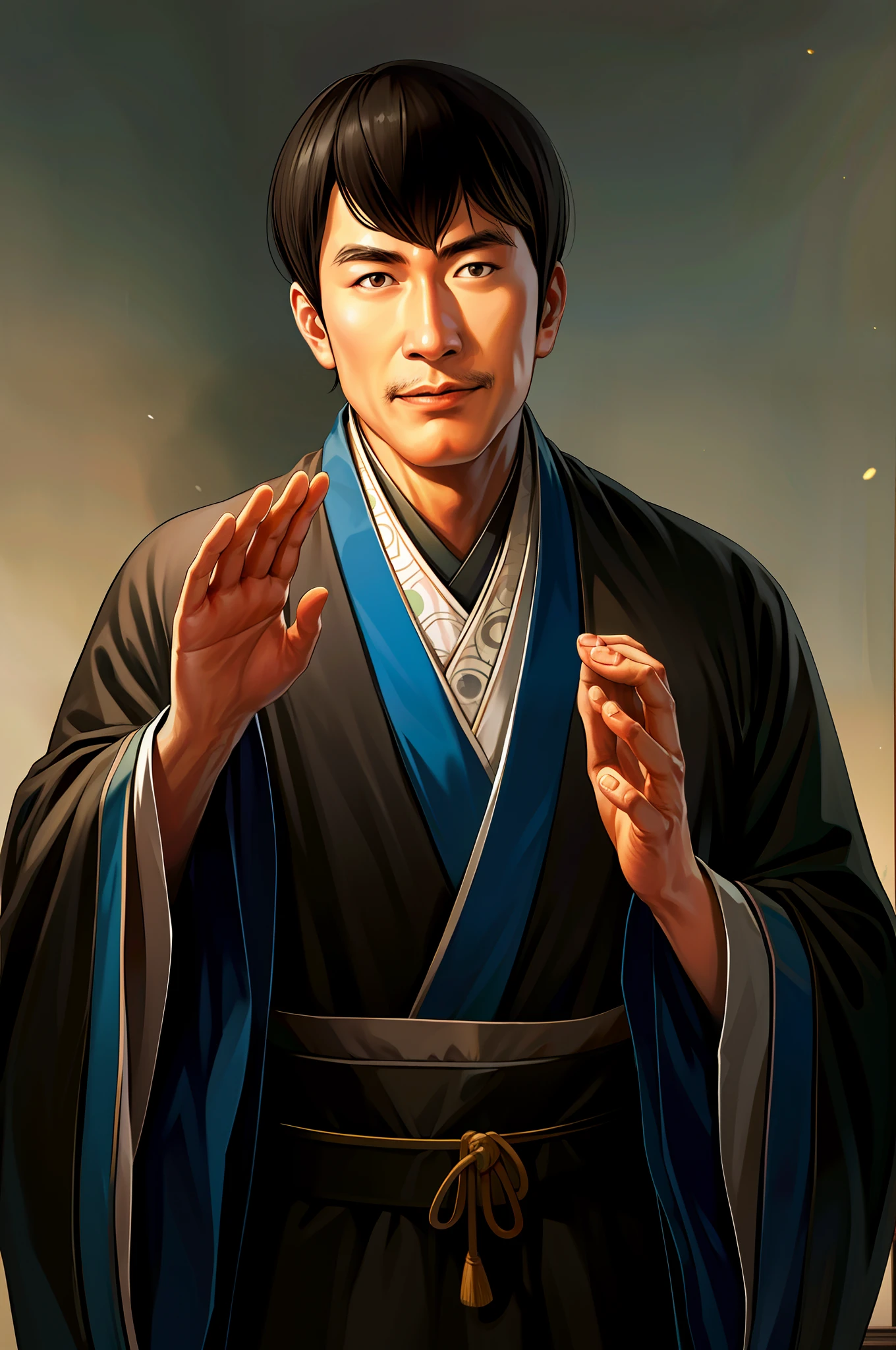 (4k image), Japanese man, soft eyes, looking at the viewer, harmonic face, no beard, short straight hair, no mustache, beautiful Japanese clothes, elderly, alone, open right hand raised towards the viewer.
