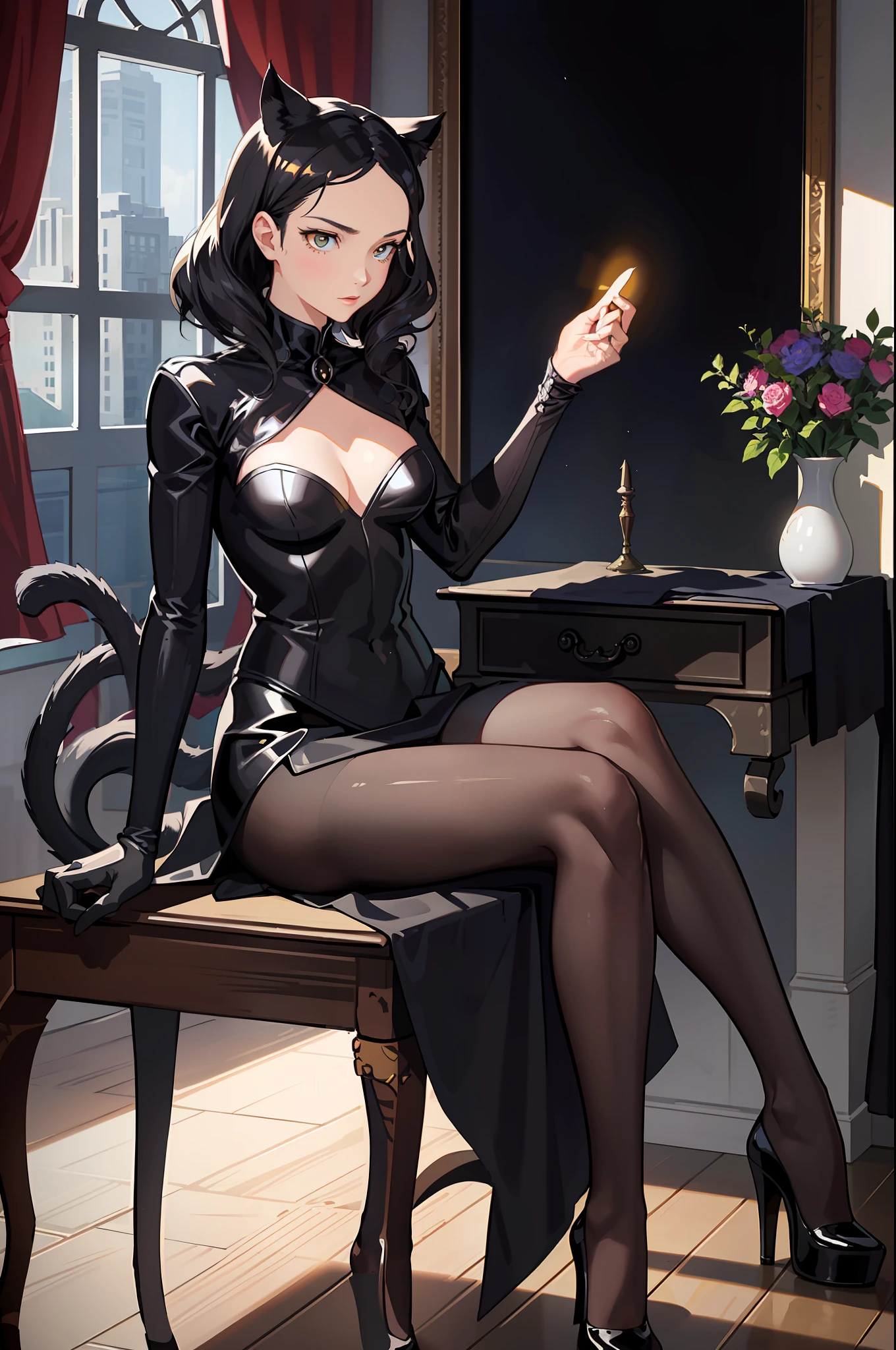 (Masterpiece, Side Light, Delicate Eyes: 1.2), Catwoman sitting at her desk in her school uniform, medium-long curly black hair, shiny yellow cat's eyes