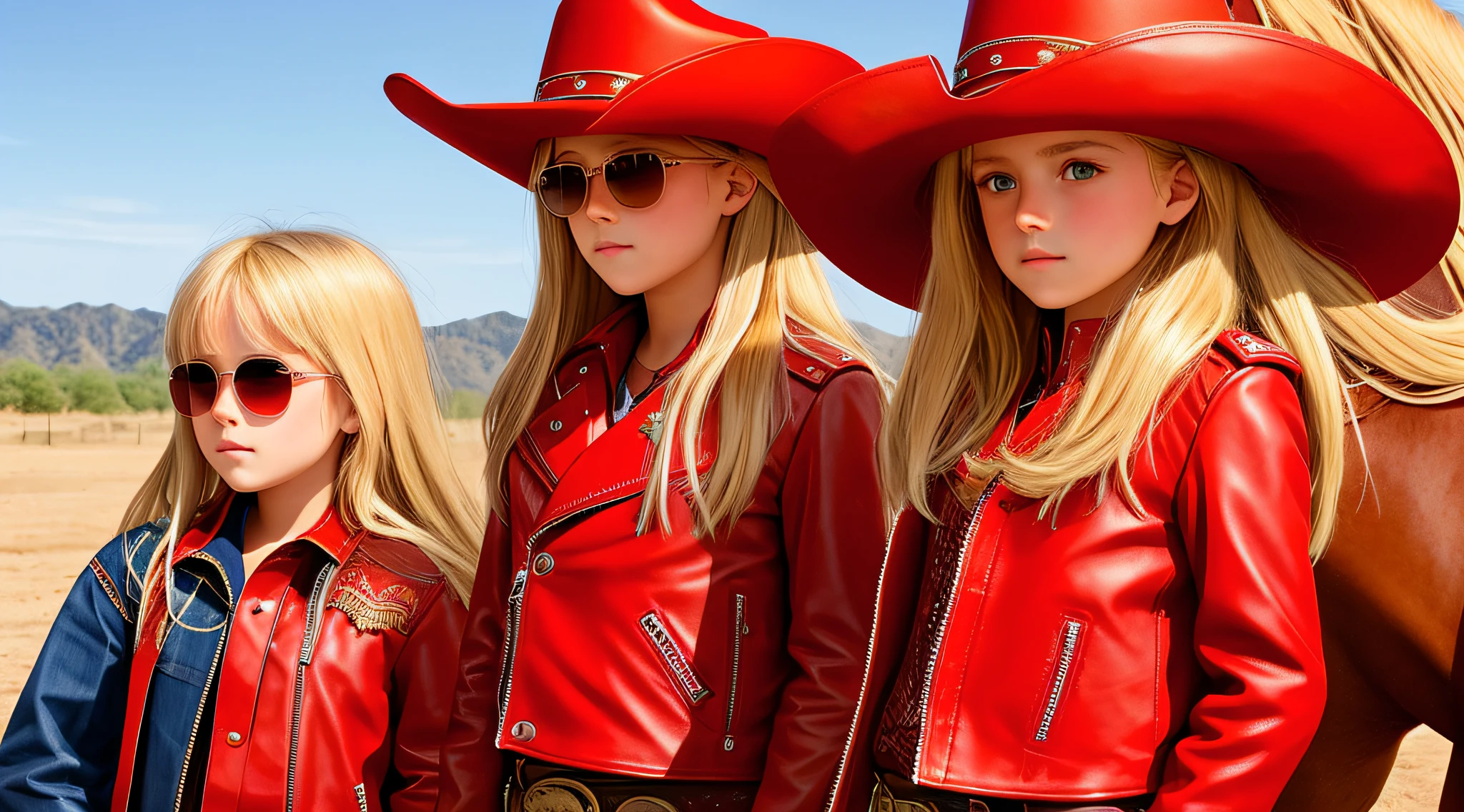 A half-body, portrait of 3 German  girls long blonde hair of 12 ye leather jackets, sunglasses, a horse and exudes confidence, a cowboy hat pulled over his eyes. Wild West with a touch of modern style.