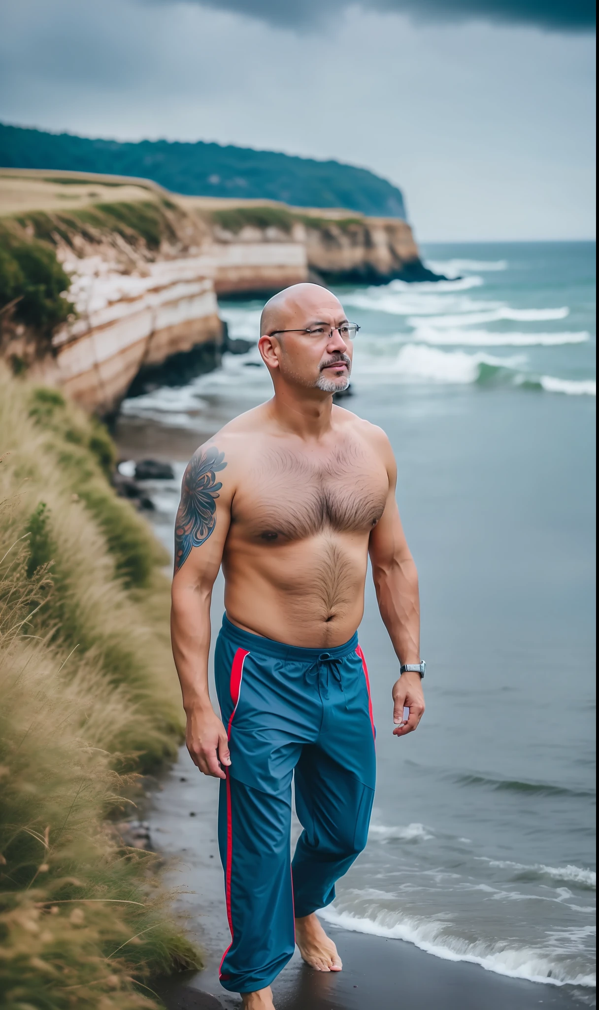 colored photo of 42 years old man, half bald, half body, body, high detailed skin, skin pores, overcast weather, wind, waves, 8k uhd, dslr, soft lighting, high quality, film grain, hyper-detailed illustrations, Fujifilm Eterna Vivid 500T, intense colors, intense close-ups, realistic theme eliminating light from behind ::2, Panoramic View, captured by canon R8 400mm