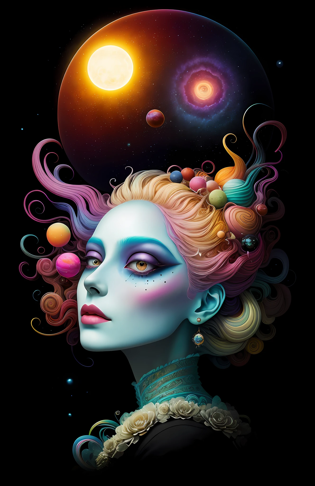 colorpop style, photo photo portrait of the sun surrounded by orbiting planetary moons, blonde pointy hair, boyfriend, natalie shau, mark ryden, alberto seveso, brooke shaden, anna dittmann, flora borsi, 8k resolution, perfect composition, milky way, rainbow color, flying insects, scales, wings, blue, texture, complex, gorgeous, shadow, pastel colors, 3D, Highly detailed, decorative style, Tim Burton, Dale Chihuli, Xiaolong Cheng, Cyril Rolando, author Hour Giger