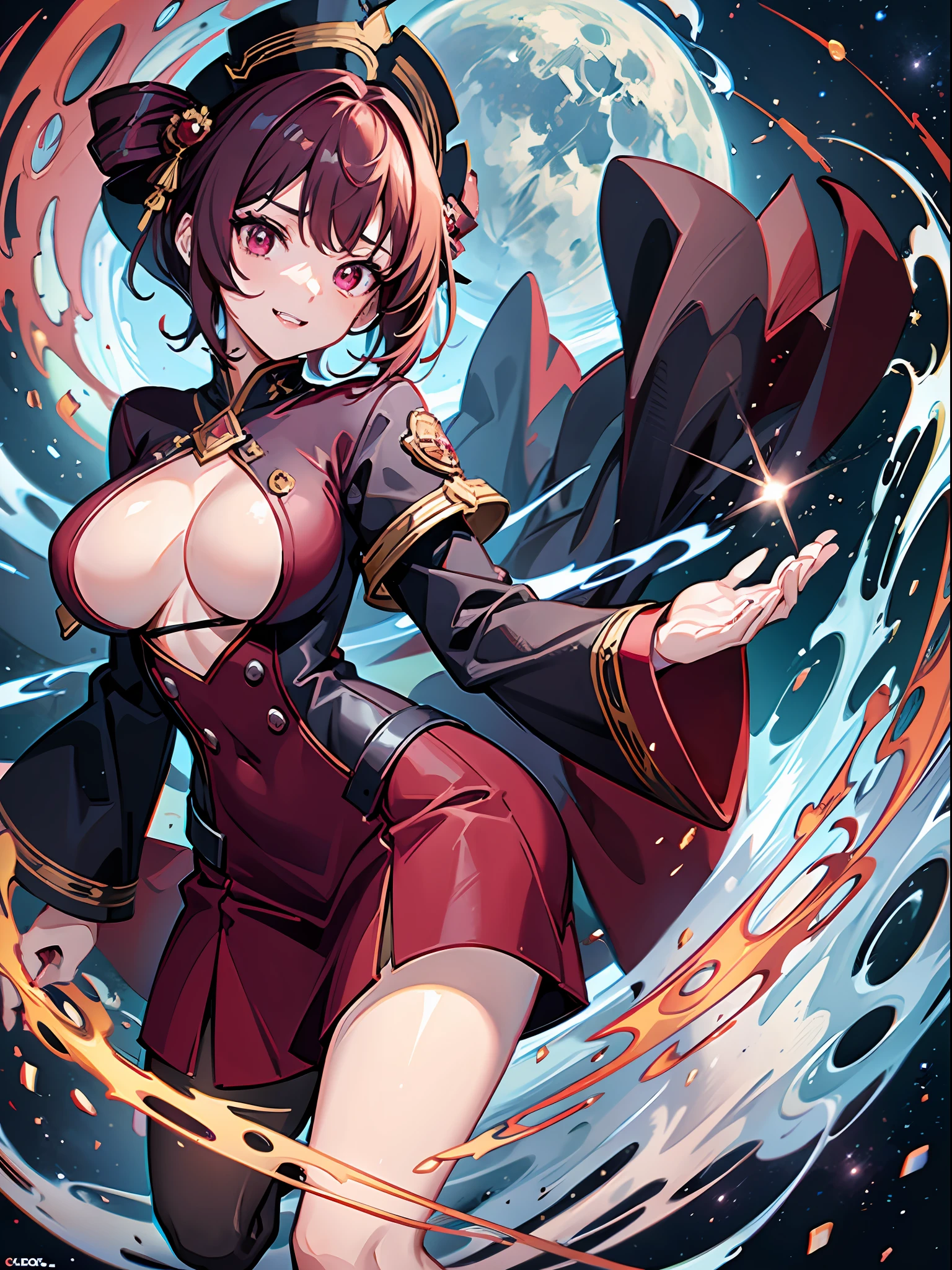 Red Buttoned Uniform, red hat, decorations, Magical orbs, Gravity, magical evil aura, (((mature woman))) 30 years old, (((burgundy hair))), thin, short hair, the main character, (1girl), (1female), (((woman))), looking at the viewer, good hands, five fingers, white eyes, smiling, smug, demon, ((arms out)), vibrant, colorful, amazing quality, better fingers, five fingers, detailed hands, detailed eyes, masterpiece, best quality, anime style, best feet, best hands, absurd resolution, anime screencap, standing, tall, full body, (((large breasts))), in the style of demon slayer, outer space, planets, fangs, leggings, cape, high resolution, looking at the viewer, edo period, masterpiece, best quality, sharp, anime screencap, detailed eyes