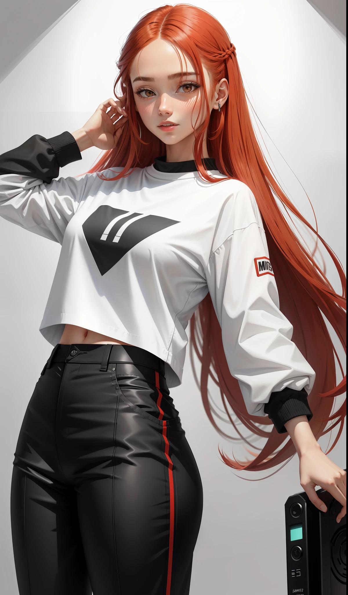 a woman in white shirt and black pants is playing video game, simple style, wearing stylish casual clothes, soft red, simple clothes, milk and red style, casual clothing style, modern fashion clothing, dressing a fisherwoman, casual modern clothes, inspo, red clothes, red pants, neutral tones, rred and white color scheme, business casual clothing, happy face, nike sneakers, 22 years, adult face, long hair, ((red hair))