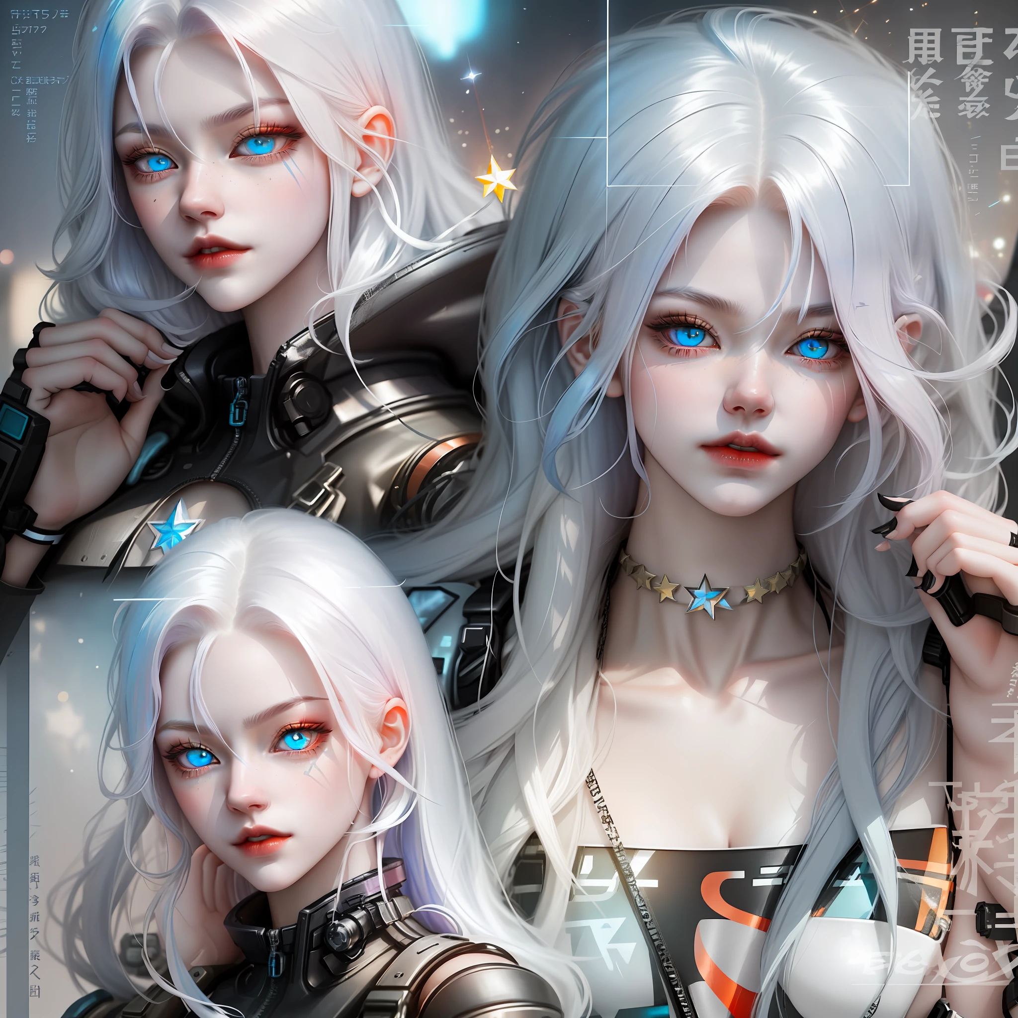 Izzy technical information
- Name: Izzy
- Age: 18
- Genus: Female
- Height: 1.45Cm
- Weight: 56Kg
- Eye Color: Left Amber, Right Red, Izzy has heterochromia and pupils shaped like a 4-pointed star.
- Hair: Straight, Cyberpunk Cut and White with Blue Locks.
- Skin: Firm and White
- Nationality: Japanese
- Body type: Athletic with a delicate and feminine appearance.