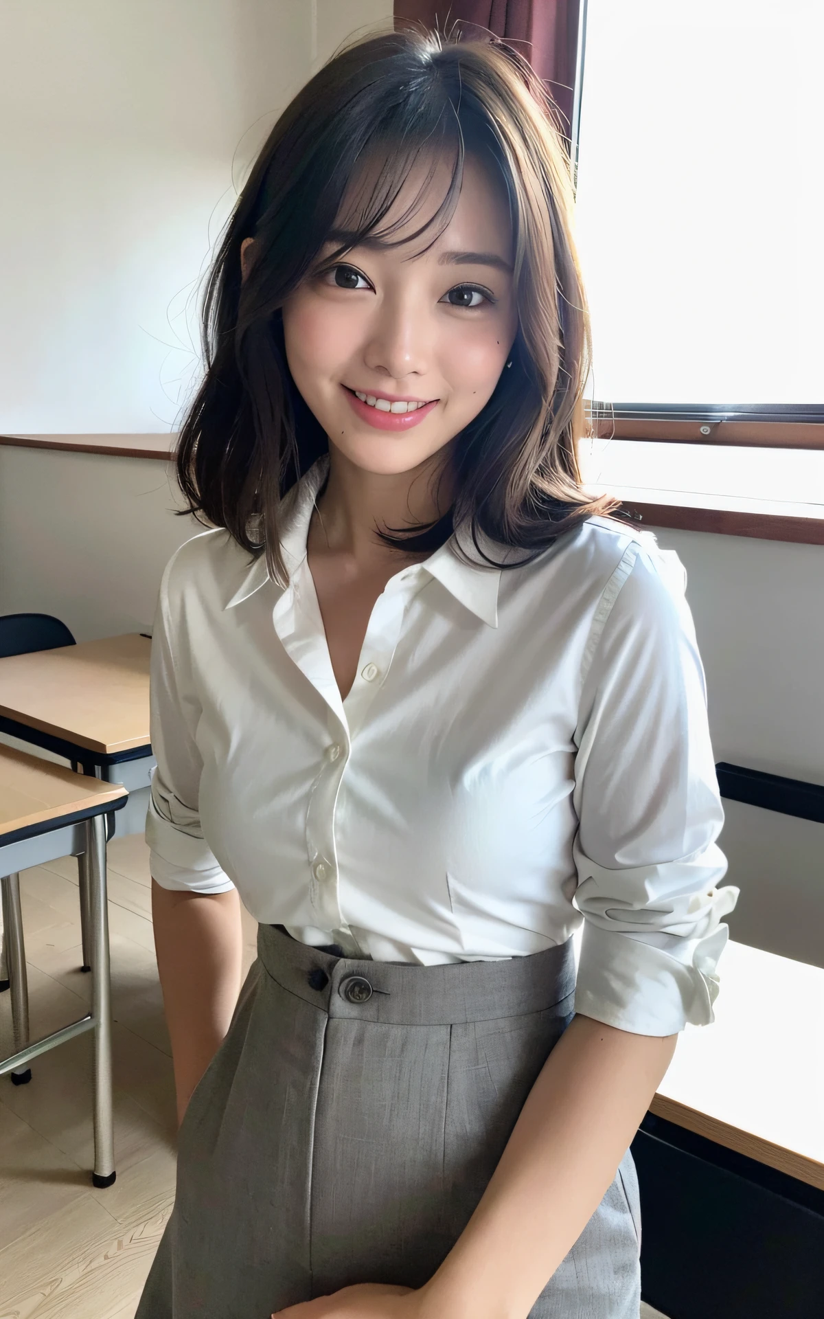 8k, RAW photos, top quality, masterpiece: 1.2), ultra detailed, super resolution, (real, real photos: 1.37), portraits, high-definition RAW color photos, professional photos, very detailed and beautiful, very detailed, 8k wallpapers, amazing details, huge file size, official art, highly detailed CG Unity 8k wallpapers, highly detailed beautiful girls, highly detailed faces, Highly detailed eyes, very detailed skin, highly detailed fingers, very detailed nose, highly detailed detailed mouth, perfect anatomy, highly detailed background, very detailed clothing, one girl, cute girl, famous Japan idol, cute, realistic body, petite, white skin, radiant skin, slim body, (blunt bangs: 1.2), smile, cute, youthful, cute face, realistic face, delicate eyes, sagging eyes, camera gaze, contrapost, high street, public, crowd, dynamic lighting, very big breasts, high school, classroom, teacher, medium brown shorthair, (((viewer view: 1.1)), laughing, window, blackboard, desk, holding (Standing in classroom)))), suit, gray skirt, (simple white blouse), cowboy shot, attendance book