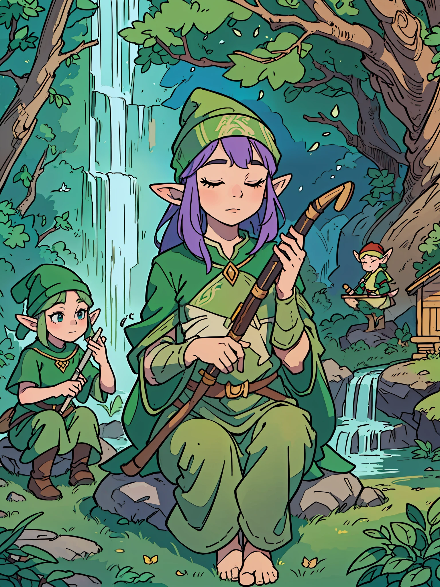 elves) (playing the flute) (sitting on a rock) (eyes closed) (serious facial expression) (magic forest background with a waterfall) (wearing a beanie) (detailed illustration) (masterpiece: 1.3) (best quality) (8k) (extreme quality rendering) (light and shadows) (5 elves in the background watching the elf playing the flute) (various elves) (some elves) (very detailed) (huts in the background) (passerines) (squirrels)