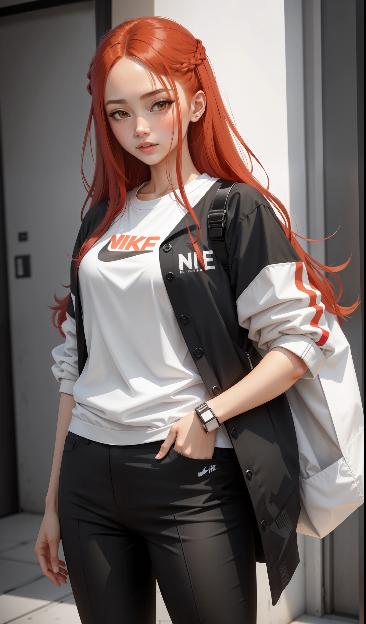 a woman in white shirt and black pants is playing video game, simple style, wearing stylish casual clothes, soft red, simple clothes, milk and red style, casual clothing style, modern fashion clothing, dressing a fisherwoman, casual modern clothes, inspo, red clothes, red pants, neutral tones, rred and white color scheme, business casual clothing,  happy face, nike sneakers, 22 years, adult face, long hair, ((red hair))