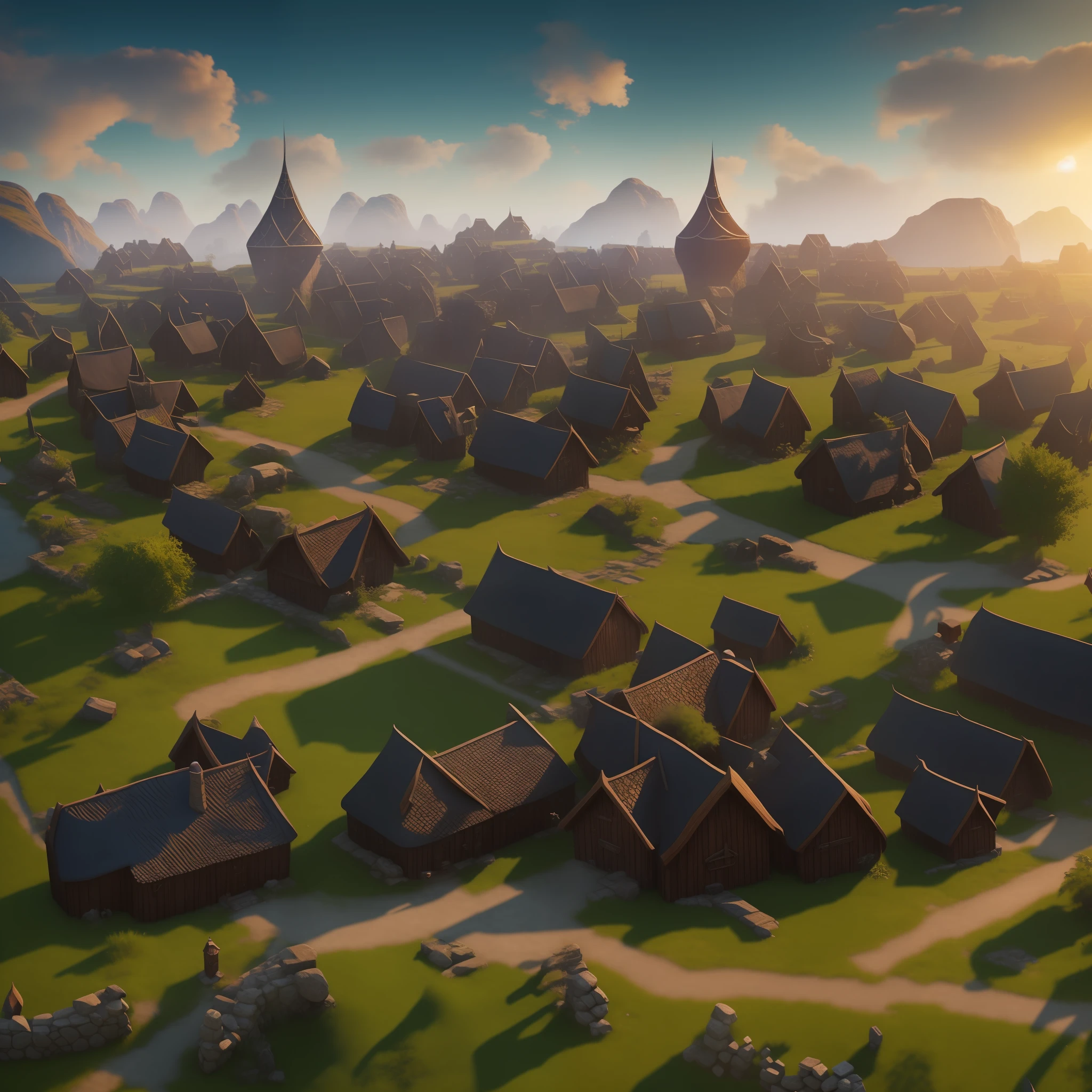 landscape, medieval fantasy, nordic fantasy, village, 8k, wooden houses, working villagers, medieval dragon flying in the sky, realistic, 8k, mythology, viking style, high quality, dawning, detailed, vegetation, best quality, unreal engine, people in village