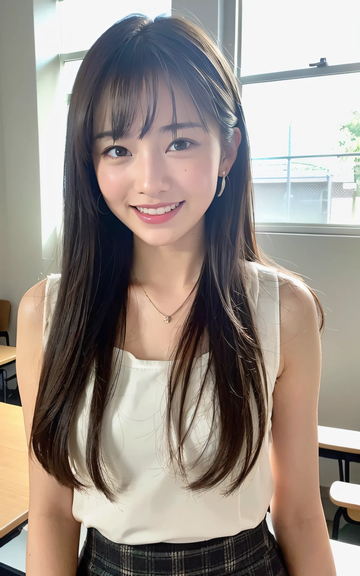 8k, RAW photos, top quality, masterpiece: 1.2), ultra detailed, super resolution, (real, real photos: 1.37), portraits, high-definition RAW color photos, professional photos, very detailed and beautiful, very detailed, 8k wallpapers, amazing details, huge file size, official art, highly detailed CG Unity 8k wallpapers, highly detailed beautiful girls, highly detailed faces, Highly detailed eyes, very detailed skin, highly detailed fingers, very detailed nose, highly detailed detailed mouth, perfect anatomy, highly detailed background, very detailed clothing, one girl, cute girl, famous Japan idol, cute, realistic body, petite, white skin, radiant skin, slim body, (blunt bangs: 1.2), smile, cute, youthful, cute face, realistic face, delicate eyes, sagging eyes, camera gaze, contrapost, high street, public, crowd, dynamic lighting, very big, high school, classroom, teacher, medium brown shorthair, (((Viewers: 1.1)), laughing, window, blackboard, desk, holding (Standing in the classroom)))), suit, gray skirt, (simple white blouse), cowboy shot, attendance book, half updo