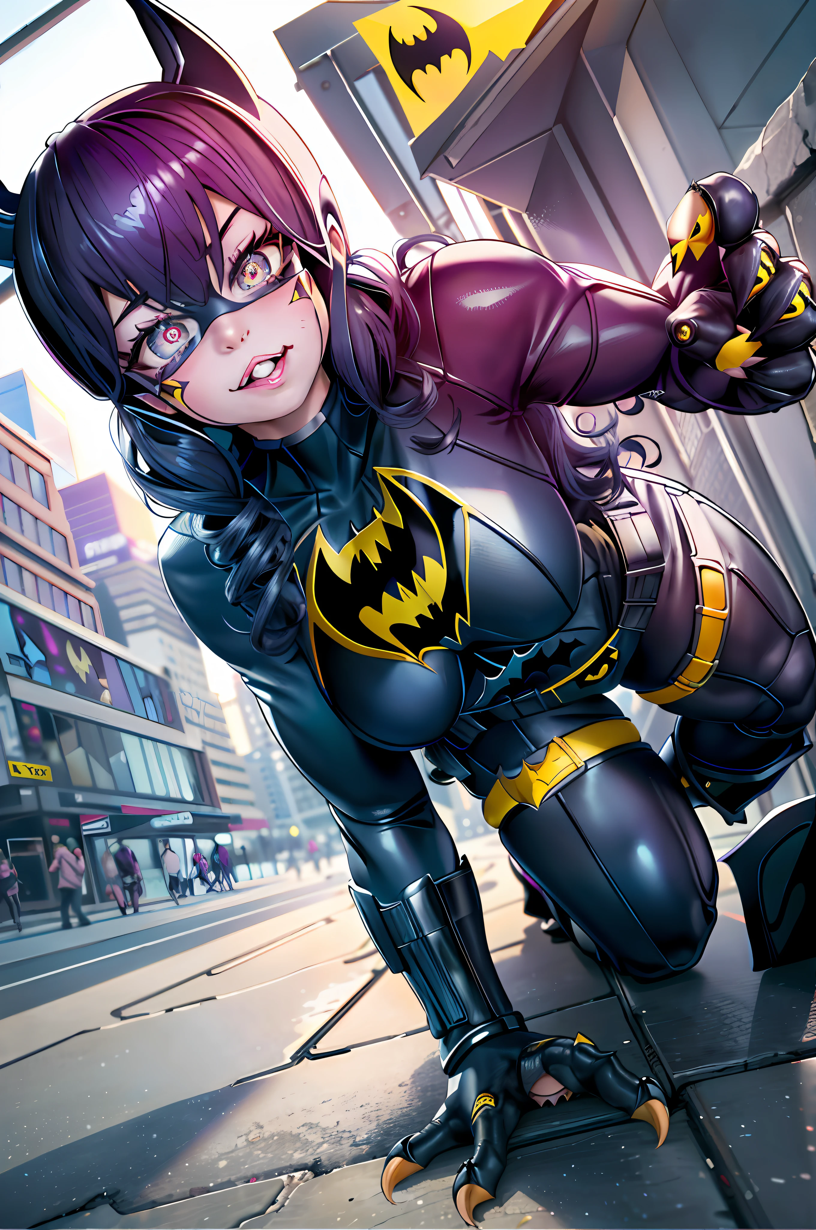 (Pov Wide-Angle 30mm)) ((stronger Batgirl , big eyse dilated pupils , cute , hand Claw , crawls , )) in city
