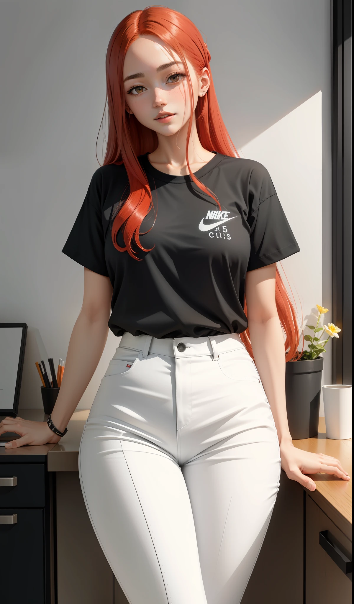 a woman in white shirt and black pants is playing video game, simple style, wearing stylish casual clothes, soft red, simple clothes, milk and red style, casual clothing style, modern fashion clothing, dressing a fisherwoman, casual modern clothes, inspo, red clothes, red pants, neutral tones, rred and white color scheme, business casual clothing, happy face, nike sneakers, 22 years, adult face, long hair, ((red hair))