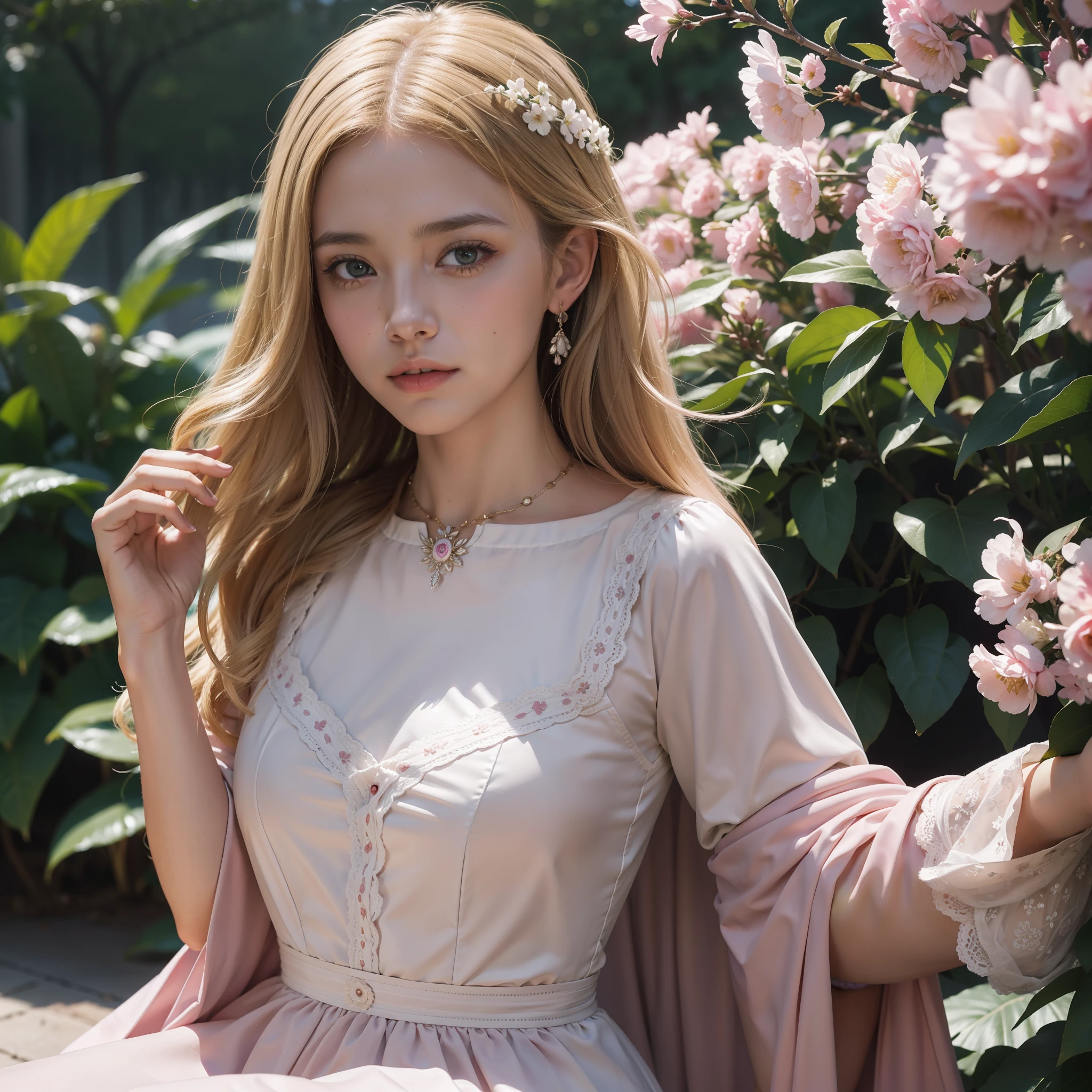 (absurdres, highres, ultra detailed), 1girl, mature female, wavy blonde hair, long hair, blunt bangs, green eyes, pink dress, finely detailed eyes and detailed face, extremely detailed CG unity 8k wallpaper, intricate details, BREAK , kaleidoscopic imagery, symmetrical patterns, vibrant colors, geometric shapes, mesmerizing designs, optical illusions, dynamic composition BREAK , pantomime art, expressive body language, silent storytelling, evocative gestures, visual narratives, theatrical performances BREAK , blooming flowers, colorful petals, fragrant scents, nature's bounty, vibrant gardens, peaceful scenery
