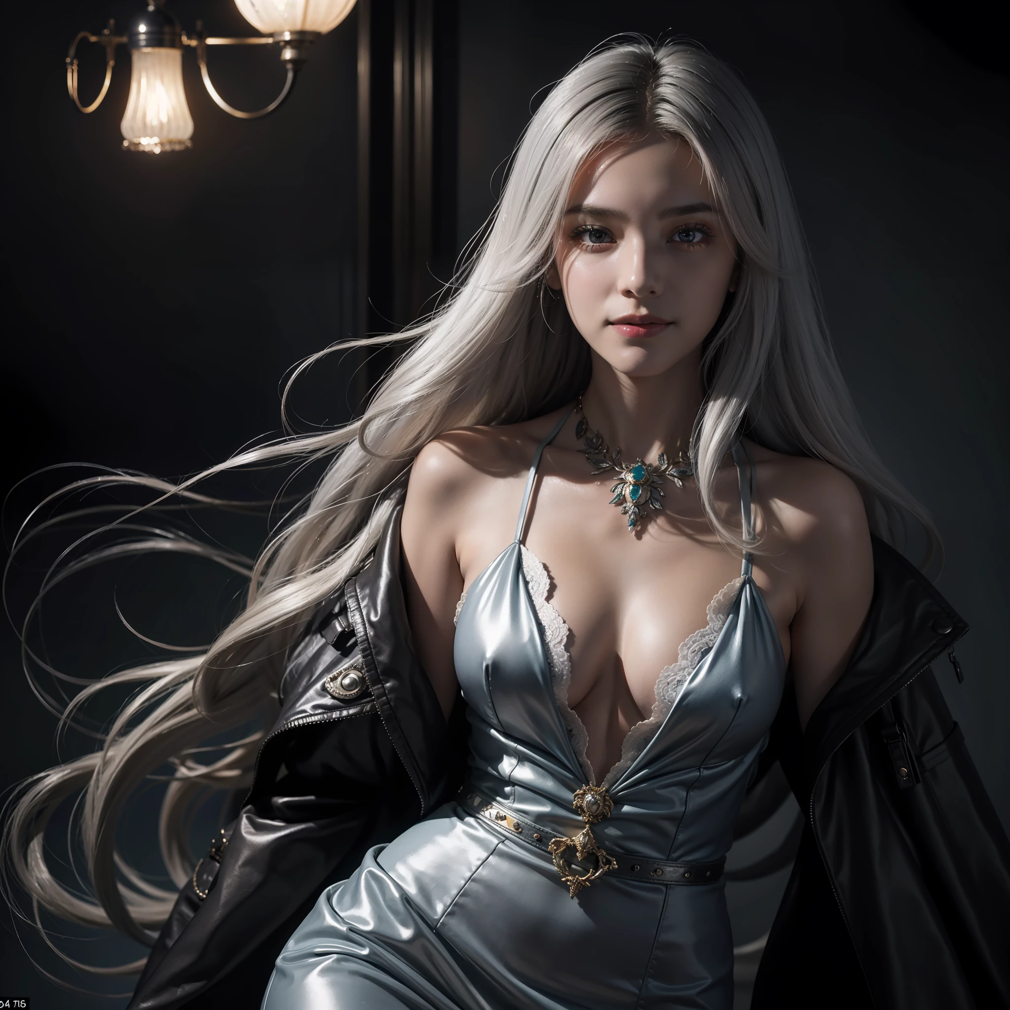 (Positive Focus), (In the Dark: 1.6), Surrealistic Female Portraits by David Hockney and Alphonse Mucha, Fantasy Art, Photo Realisticity, Dynamic Lighting, Art Station, Poster, Volumetric Lighting, Very Detailed Faces, 4 K, Award-Winning 1 Girl, In the Dark, Deep Shadows, Understated, Cowboy Shots, (Official Costume: 1.4), Long Hair, Gray Hair, Smile, Ultra-detailed Skin,