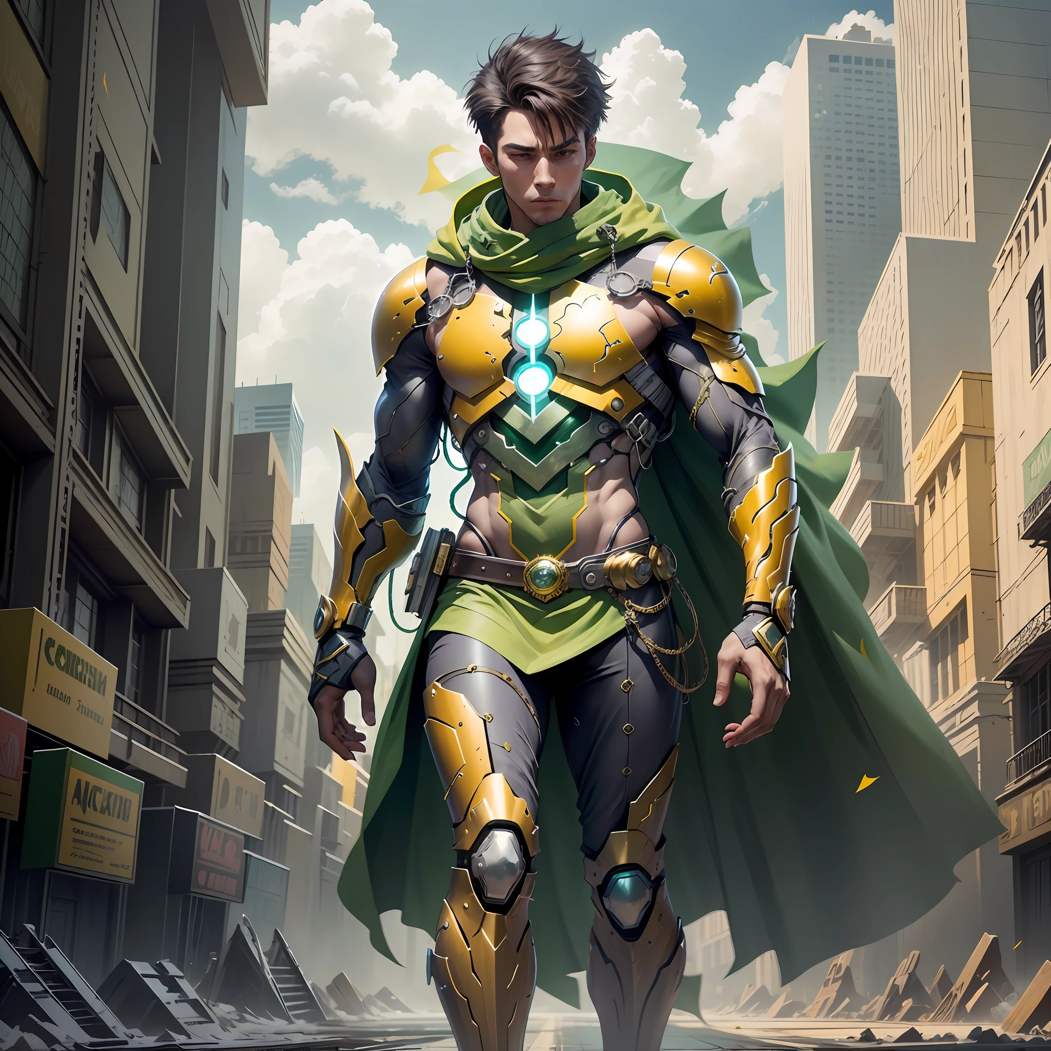 Develop an image of a hero wearing a green and gold costume. The hero must have a noble and powerful appearance, with distinct character traits. The green and gold costume should be modern and futuristic, with technological elements and details that make it unique. The hero must be in a heroic pose, as if he is ready to face any challenge that comes his way. The background scene can be an urban landscape or an imaginary landscape that matches the heroic aura of the character. Feel free to add creative and interesting details to make the hero even more captivating --auto --s2