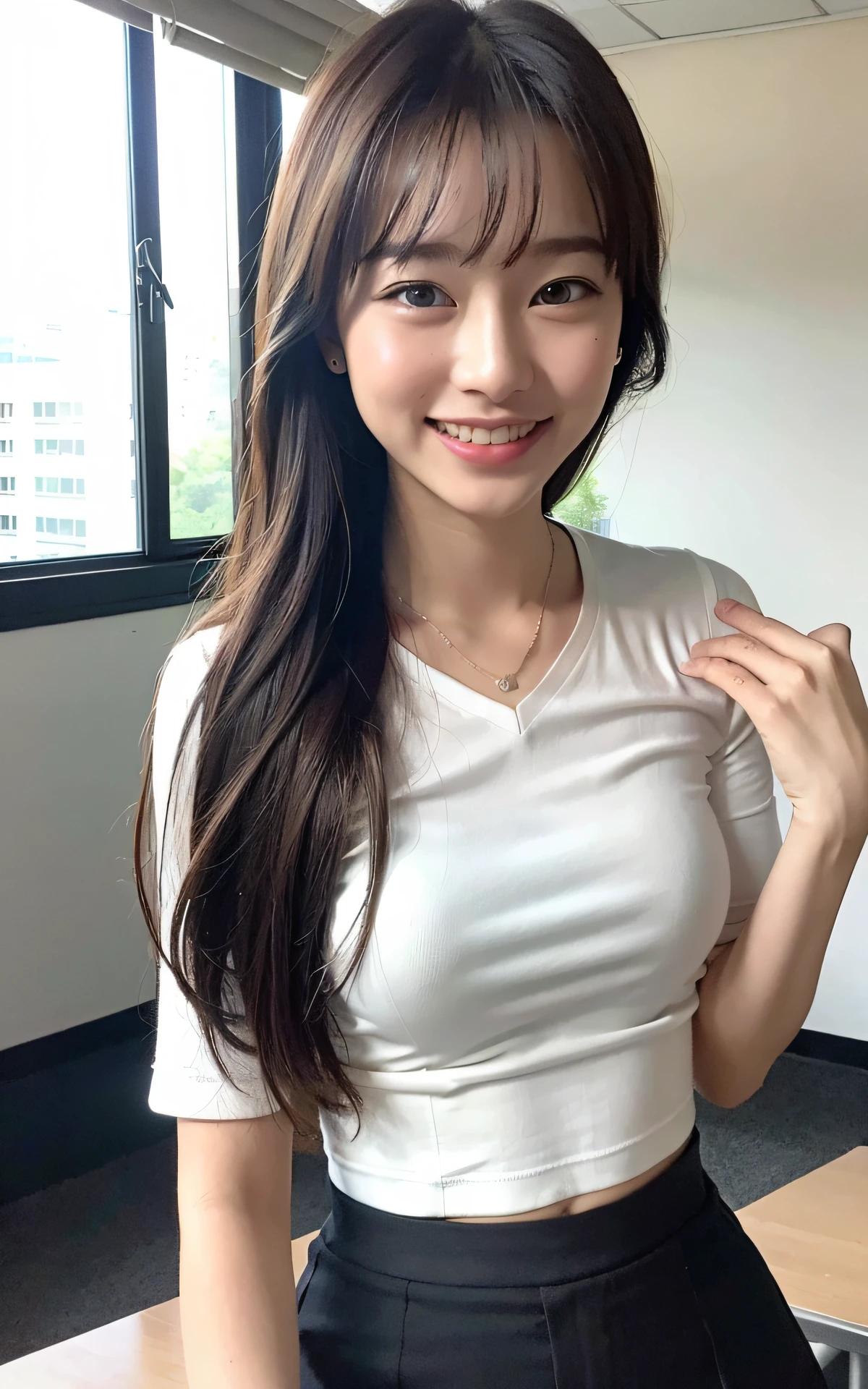 8k, RAW photos, top quality, masterpiece: 1.2), ultra detailed, super resolution, (real, real photos: 1.37), portraits, high-definition RAW color photos, professional photos, very detailed and beautiful, very detailed, 8k wallpapers, amazing details, huge file size, official art, highly detailed CG Unity 8k wallpapers, highly detailed beautiful girls, highly detailed faces, Highly detailed eyes, very detailed skin, highly detailed fingers, very detailed nose, highly detailed detailed mouth, perfect anatomy, highly detailed background, very detailed clothing, one girl, cute girl, famous Japan idol, cute, realistic body, petite, white skin, radiant skin, slim body, (blunt bangs: 1.2), smile, cute, youthful, cute face, realistic face, delicate eyes, sagging eyes, camera gaze, contrappost, high street, public, crowd, dynamic lighting, very big breasts, high school, classroom, teacher, medium brown shorthair, (((viewer view: 1.1)), laughing, window, blackboard, desk, holding (standing in classroom)))), suit, gray skirt, (simple white blouse), upper body up, attendance book, half updo
