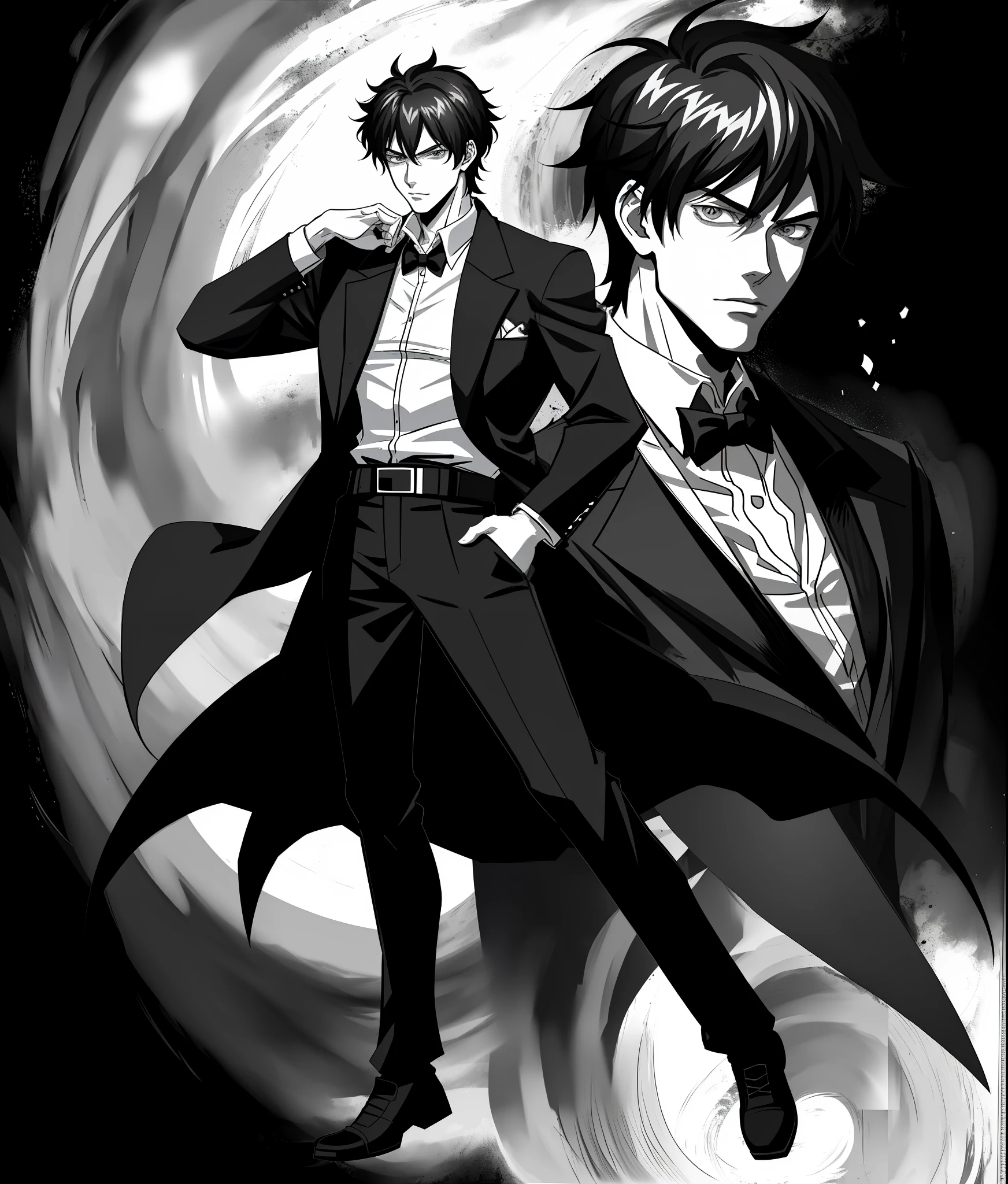 style drawing of a man with a shirt on and a jacket on, lineart by Yang J, tumblr, serial art, handsome anime pose, anime full body illustration, kentaro miura manga art style, !!full body portrait!!, masculine pose, 4 k manga wallpaper, full body portrait of a short!, male art, black and white manga style