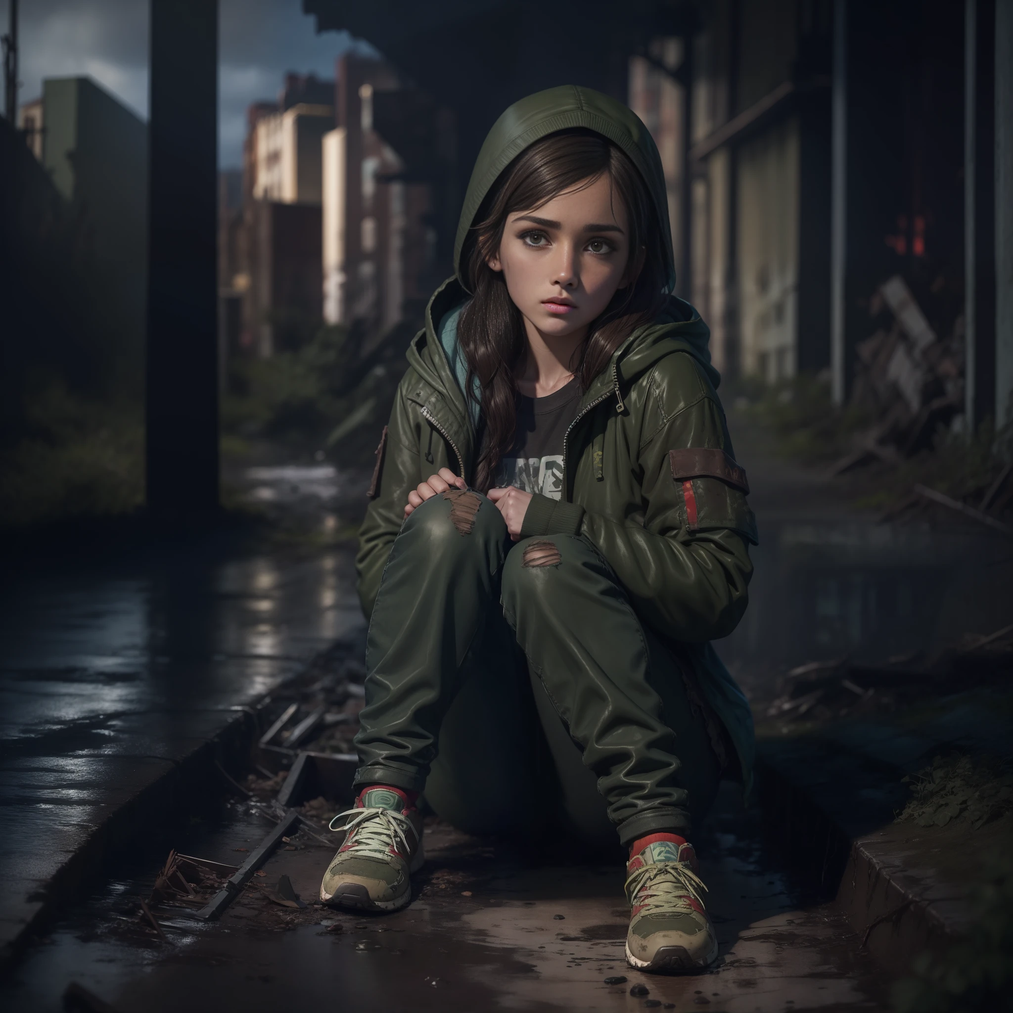 A masterpiece, Ellie Williams from the last of us, dark brown hair, brown eyes, perfect face, sad face, dark green jacket with a gray hood, blue jeans, red trainers, stanis of mud, stains of dirt, in a modern ruined city, detailed and intrincicated, HD, a the dawn