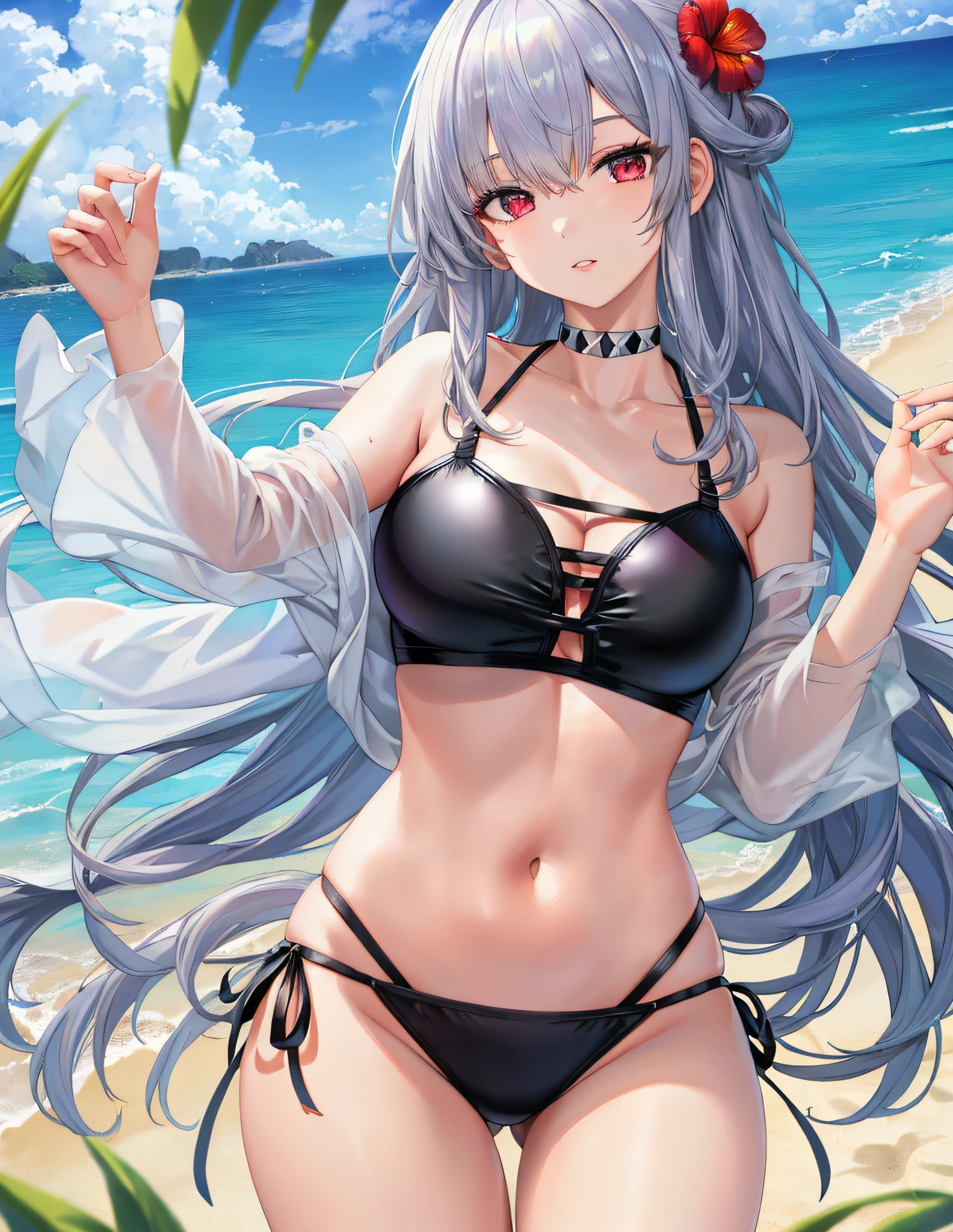 Model Shooting Style, (Masterpiece:1.3), (Absurdity:1.3), (Best Quality:1.3), (8K), (Masterpiece Digital Art), (Detailed Manga Illustration), (Handle Hair), Perfect Anatomy, (Complex Details:1.3), (Detailed Details:1.3), (Illustration:1.3), (Sharp Focus:1.3), (Vivid Color:1.3), 1 Girl, Solo, (Long Hair:1), hair between the eyes, part of loose wavy hair covers his face, (silver hair), red eyes, floating hair, bikini swimsuit, seaside, sexy,
