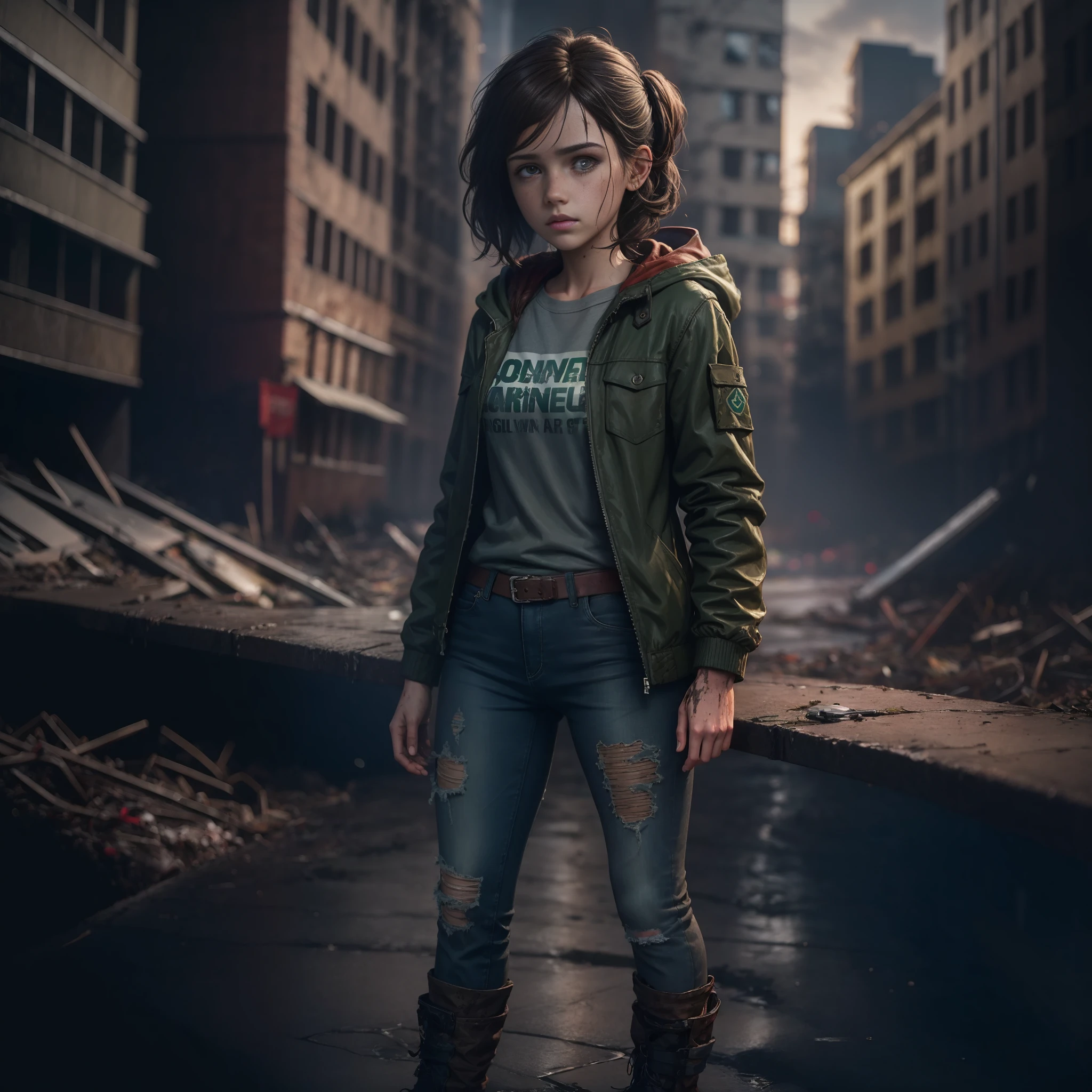 A masterpiece, Ellie Williams from the last of us, dark brown hair, brown eyes, perfect face, sad face, dark green jacket with a gray hood, blue jeans, red trainers, stanis of mud, stains of dirt, in a modern ruined city, detailed and intrincicated, HD, a the dawn