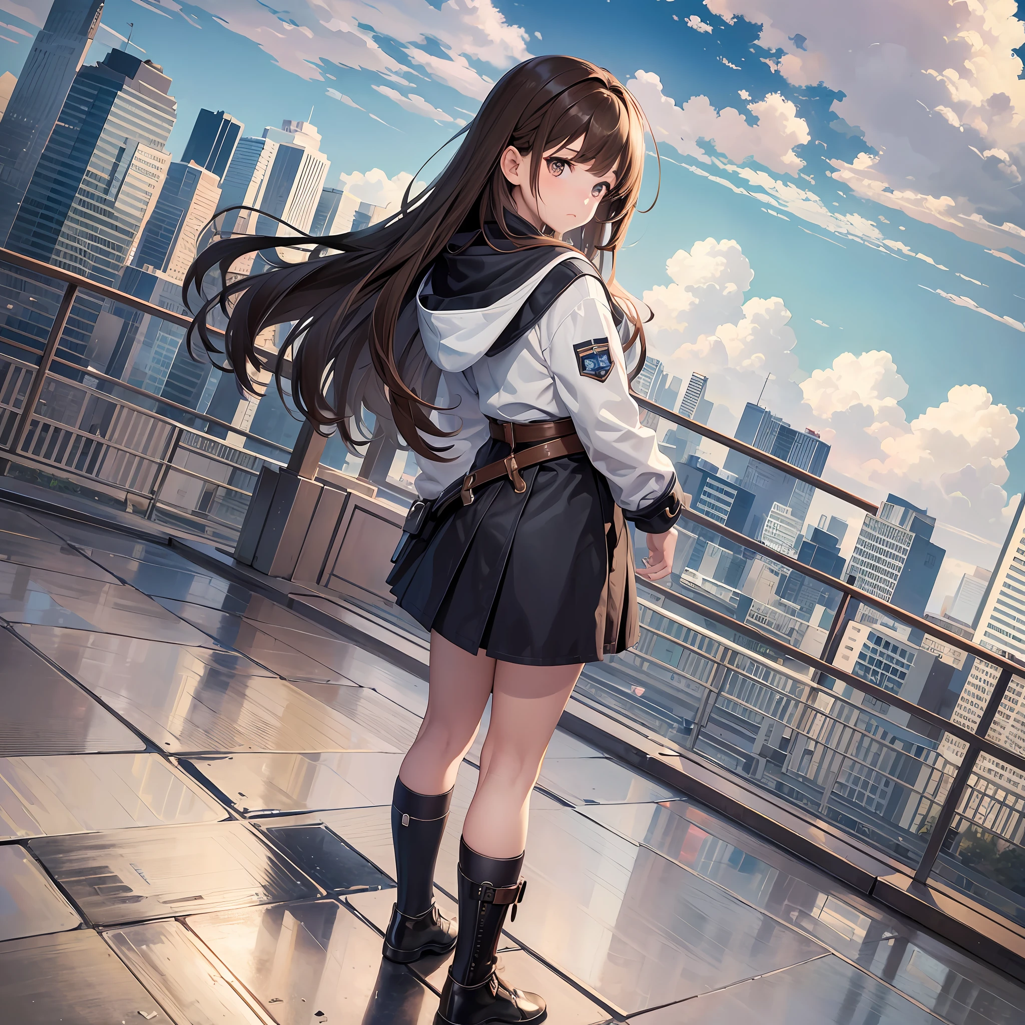 (masterpiece, best quality),from above, one girl, solo, brown eyes, brown hair, build, cloudy sky, Dutch angle, from the side, light frown, watch viewer, 12 years old ,full body,looking back,pose,long hair, --auto --s2