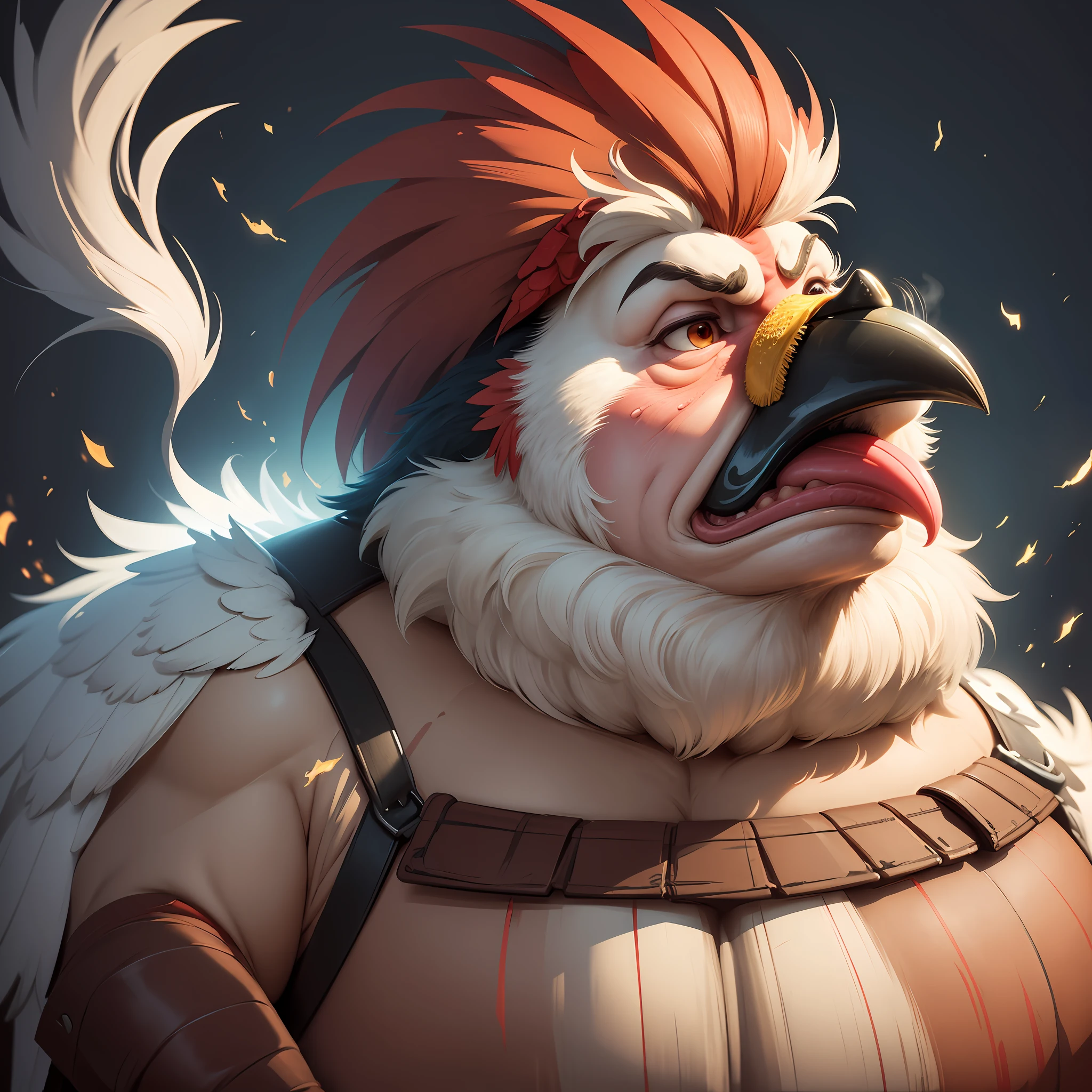 illustration of a caricature of a fat rooster, with a cigarette in his mouth, scars on his face, cracked beak, grumpy face, rich in details, 4k, front angle --auto --s2