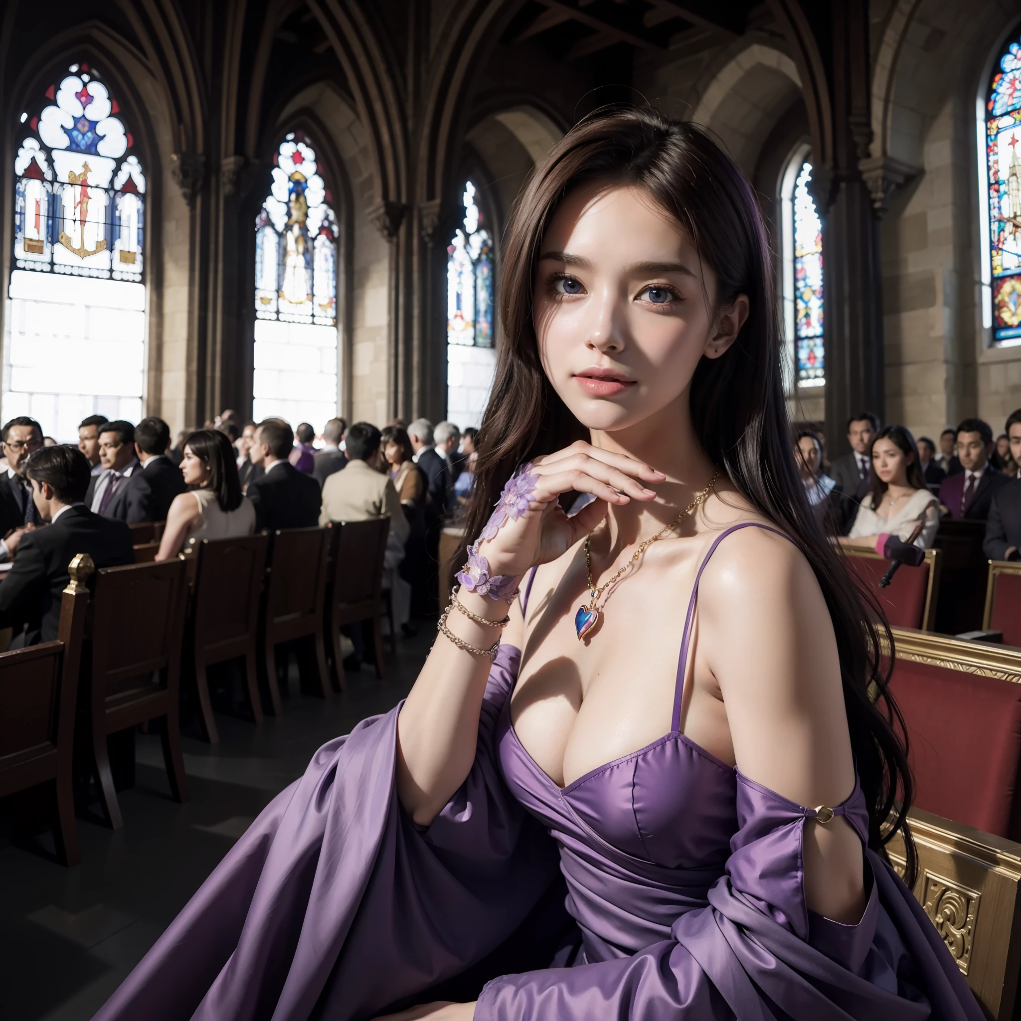 There is only one main character, beautiful, masterpiece, detailed background, best quality, high quality, high resolution, wallpaper, landscape, colorful, armor, movie, necklace, full body, beautiful face, red pupils, clear and sharp, unsaddleless, bare shoulders, detailed face, smile, balanced face, battle, castle, spear, knight, medieval, church, (purple heart: 0.6), indoor, crowd, crowd