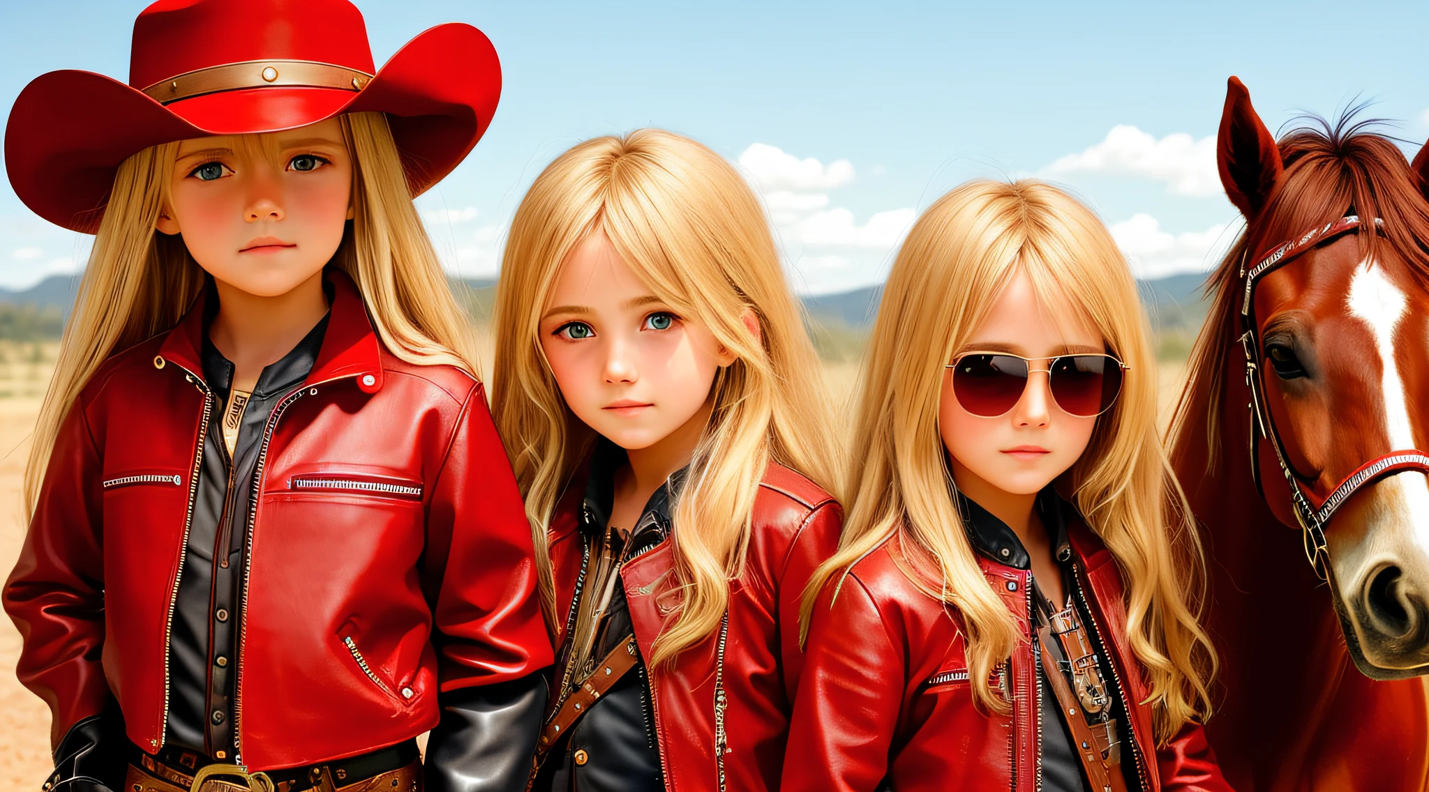 A half-body, portrait of 3 German  girls long blonde hair of 12 ye leather jackets, sunglasses, a horse and exudes confidence, a cowboy hat pulled over his eyes. Wild West with a touch of modern style.