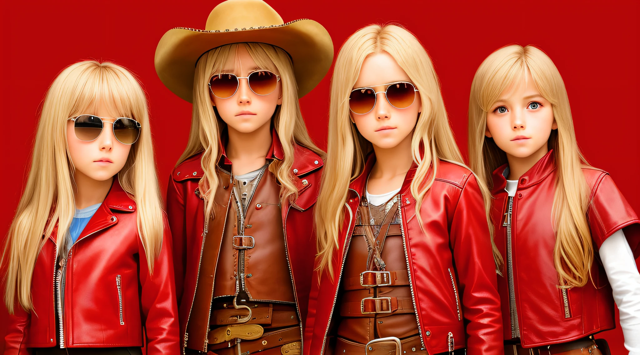 A half-body, portrait of 3 German child girls long blonde hair of 12 years, red leather jackets, sunglasses, a horse and exudes confidence, a cowboy hat pulled over his eyes. Wild West with a touch of modern style.