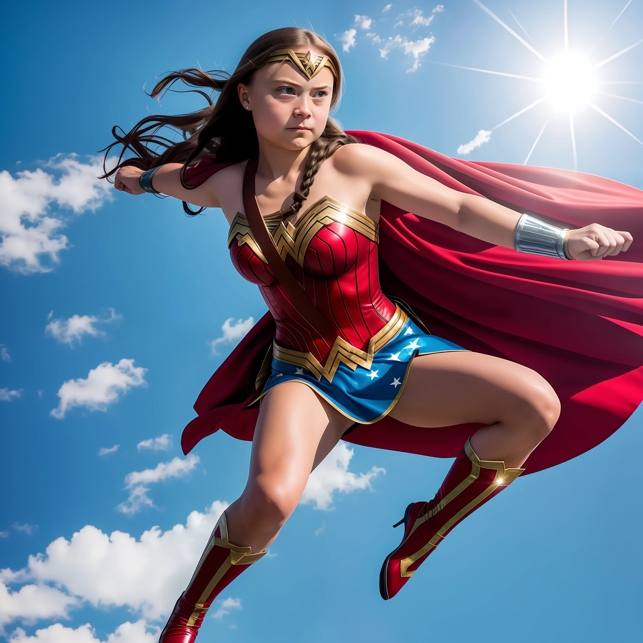 Greta Thunberg dressed as a wonder woman, flying in a beautiful sky