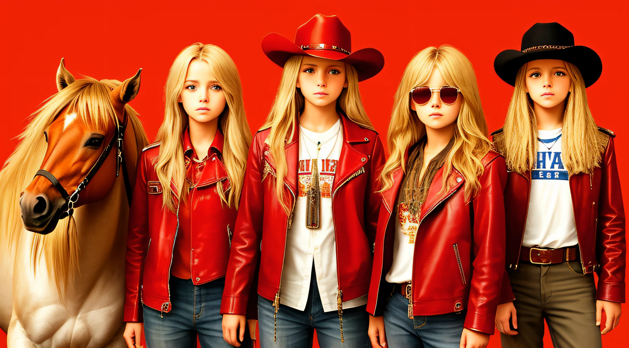 A half-body, portrait of 3 German child girls long blonde hair of 12 years, red leather jackets, sunglasses, a horse and exudes confidence, a cowboy hat pulled over his eyes. Wild West with a touch of modern style.