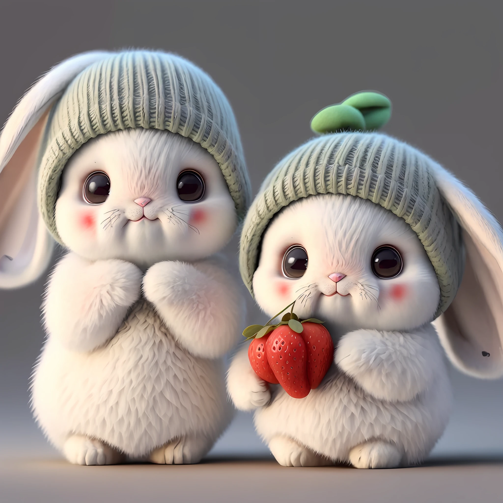: 3. bunny, realistic, furry animal, apple, black eye, blush, cherry, food, fruit, full body, hat, non-human, strawberry, tomato, watermelon