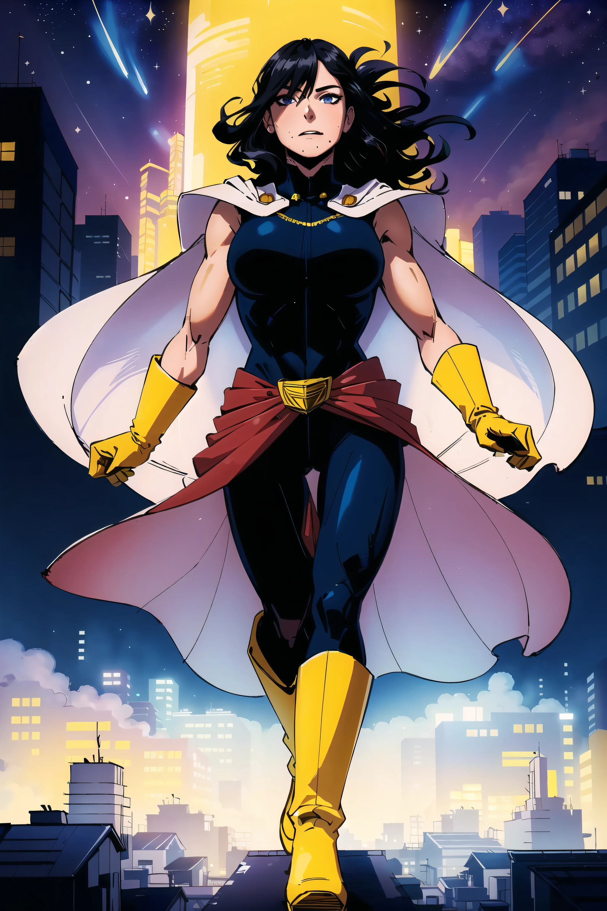 (masterpiece, best quality:1.4), cinematic light, colorful, high contrast, (1girl), NanaShimura, boku no hero academia, black hair, mole under mouth, large breasts, (blue eyes), hair between eyes, sleeveless, black bodysuit, red belt, white cape, yellow gloves, in the city, night, stars, (yellow boots)