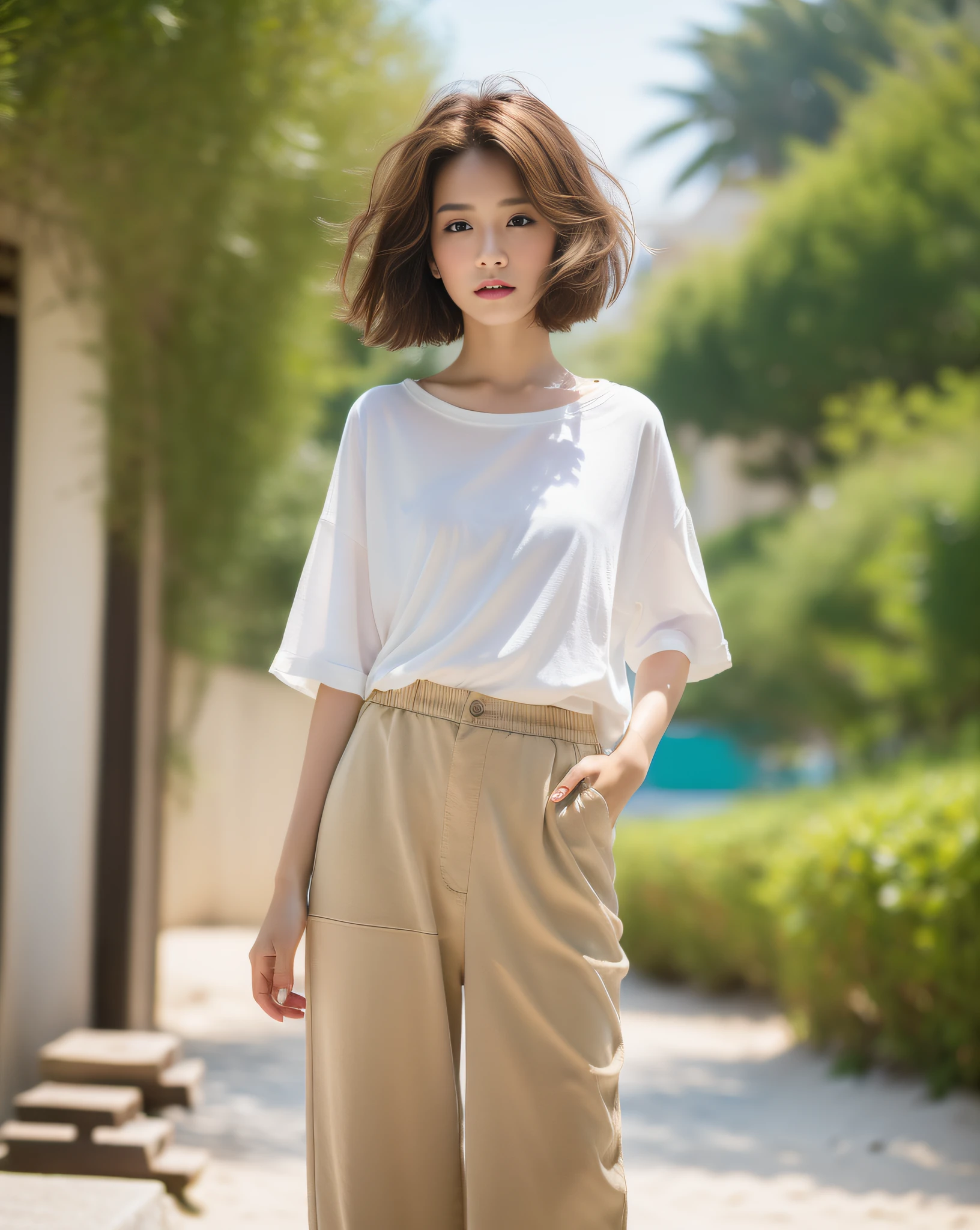 ((Best Quality, 8k, Masterpiece: 1.3)), Sharp Focus: 1.2, (1 Beauty: 1.1), (Photorealistic), Small Head: 1.3, Brunette Short Messy Hair, Small, Above Knee Photo, Front, Standing, White Long T-Shirt, Beige Pants, Beach, Daylight, Movie Lighting