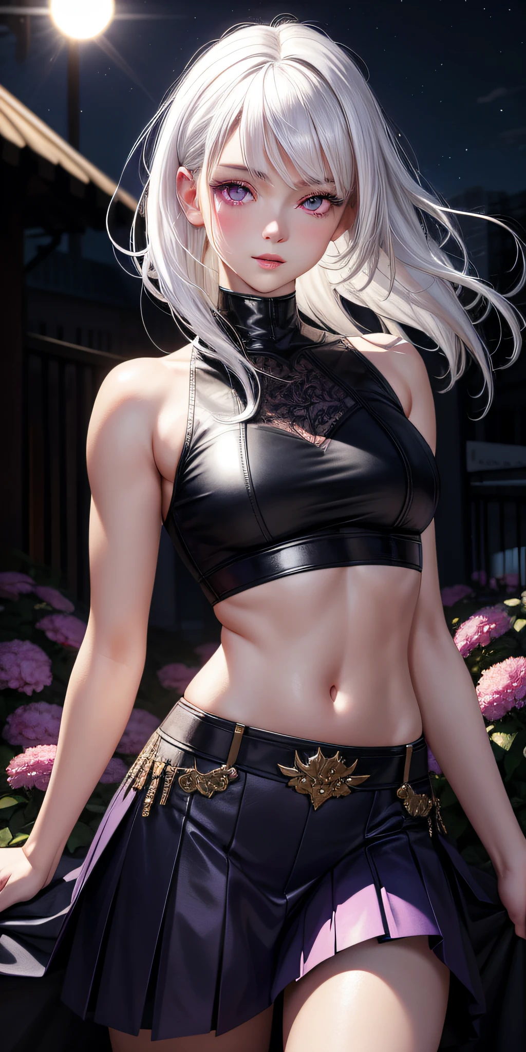 realistic, 1girl, white hair, purple eyes, glowing eyes, crop top, skirt, parted lips, blush, night, flowers, sun, sunlight,