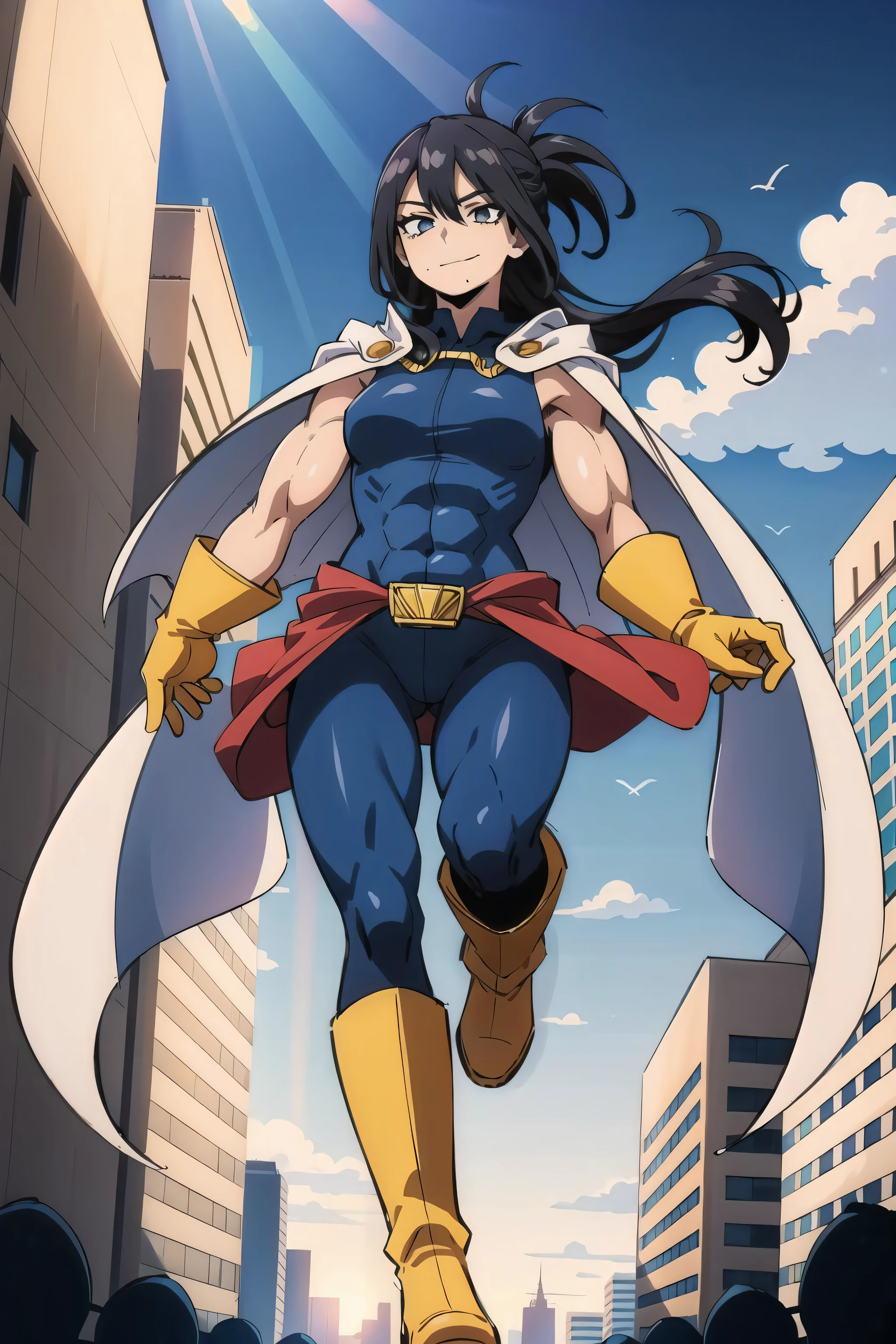(masterpiece, best quality:1.4), cinematic light, colorful, high contrast, (1girl), NanaShimura, boku no hero academia,  ((yellow gloves)), black hair, long hair, folded ponytail, mole under mouth, cape, white cape, large breasts, blue eyes, sleeveless, full body bodysuit, hair between eyes, belt, boots, yellow footwear, city, day, sky, smirk, sunlight, muscular female