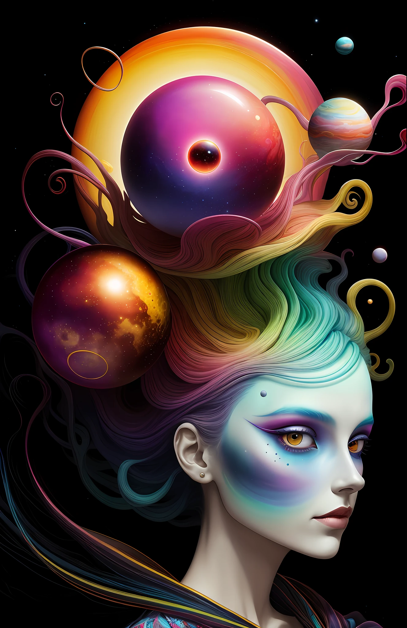 colorpop style, photo photo portrait of the sun surrounded by orbiting planetary moons, blonde pointy hair, natalie shau, mark ryden, alberto seveso, brooke shaden, anna dittmann, flora borsi, 8k resolution, perfect composition, milky way, rainbow color, flying insects, scales, wings, blue, texture, complex, gorgeous, shadow, pastel colors, 3d, Highly detailed, decorated in style, Tim Burton, Dale Chihuly, Xiaolongcheng, Cyril Rolando, by J. Gigue