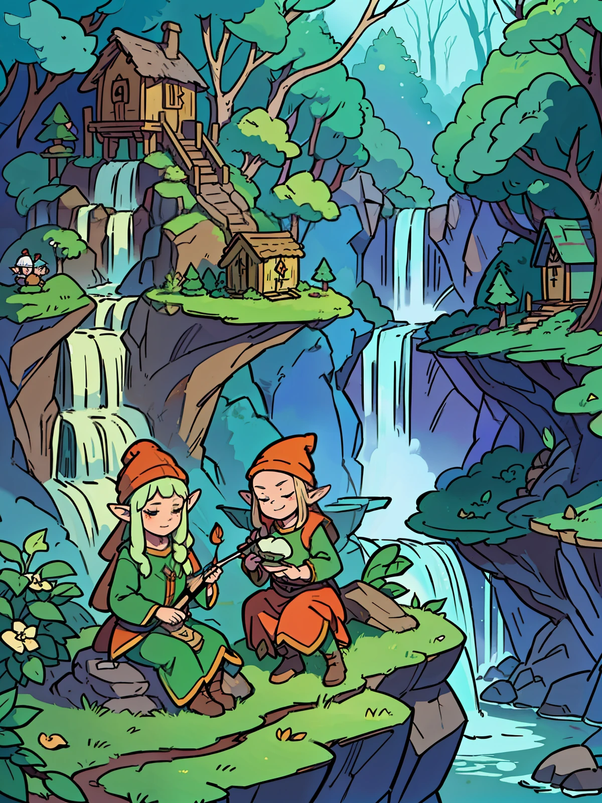 elves) (playing the flute) (sitting on a rock) (eyes closed) (serious facial expression) (magical forest background with a waterfall) (wearing a beanie) (detailed illustration) (masterpiece: 1.3) (best quality) (8k) (extreme quality rendering) (light and shadows) (elves watching the elf playing the flute) (various elves) (some elves) (very detailed) (huts in the background) (passerines) (squirrels)
