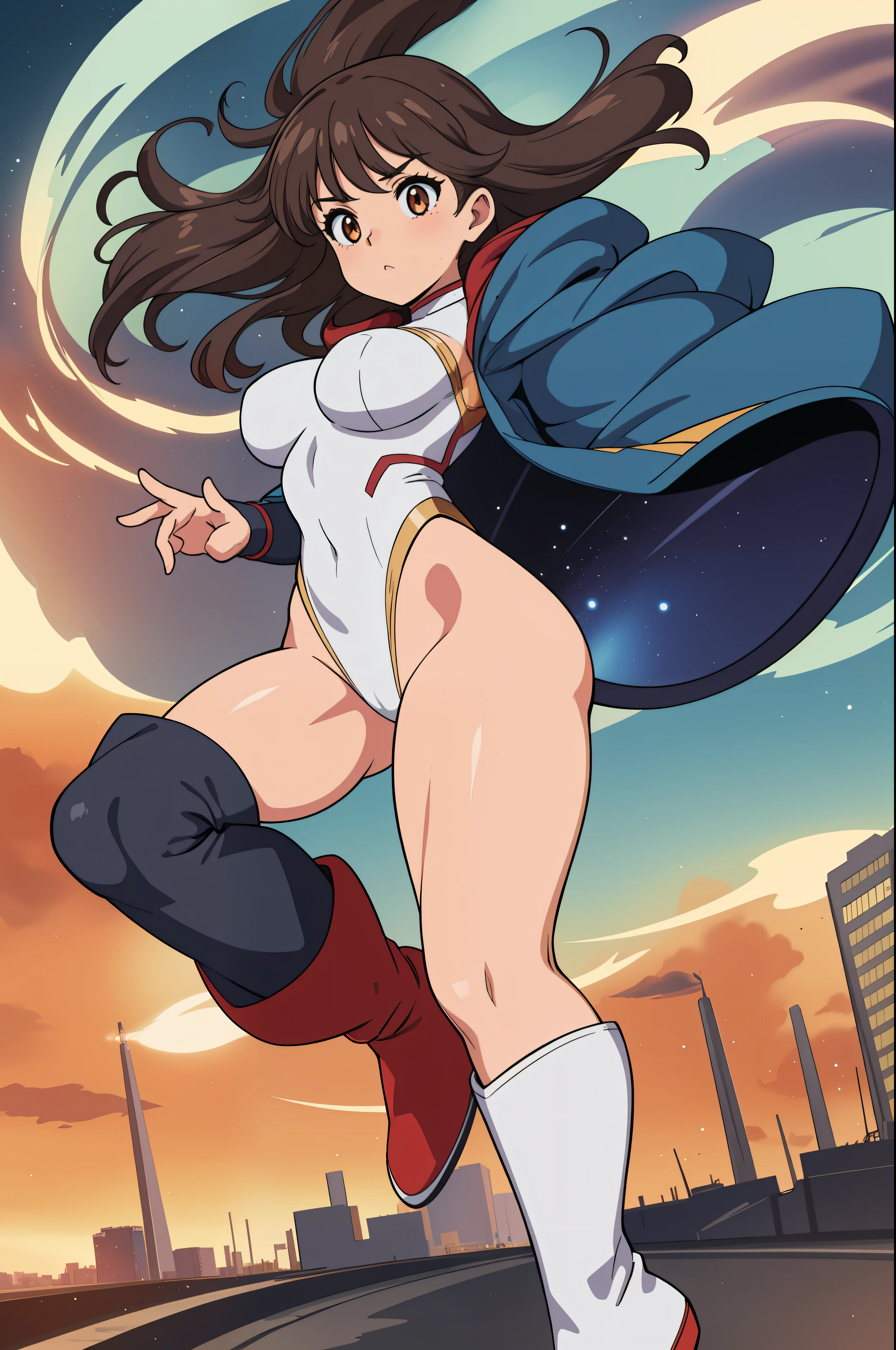 masterpiece, best quality, 1girl, female, superhero, leotard, bare legs, boots, matching boots, medium breasts, light particles, wind particles, aura, stand, standing, highleg, twirl, spin, tornado, tornado twirl, tornado spin, whirlwind, wind particles, city backdrop, time travel,
