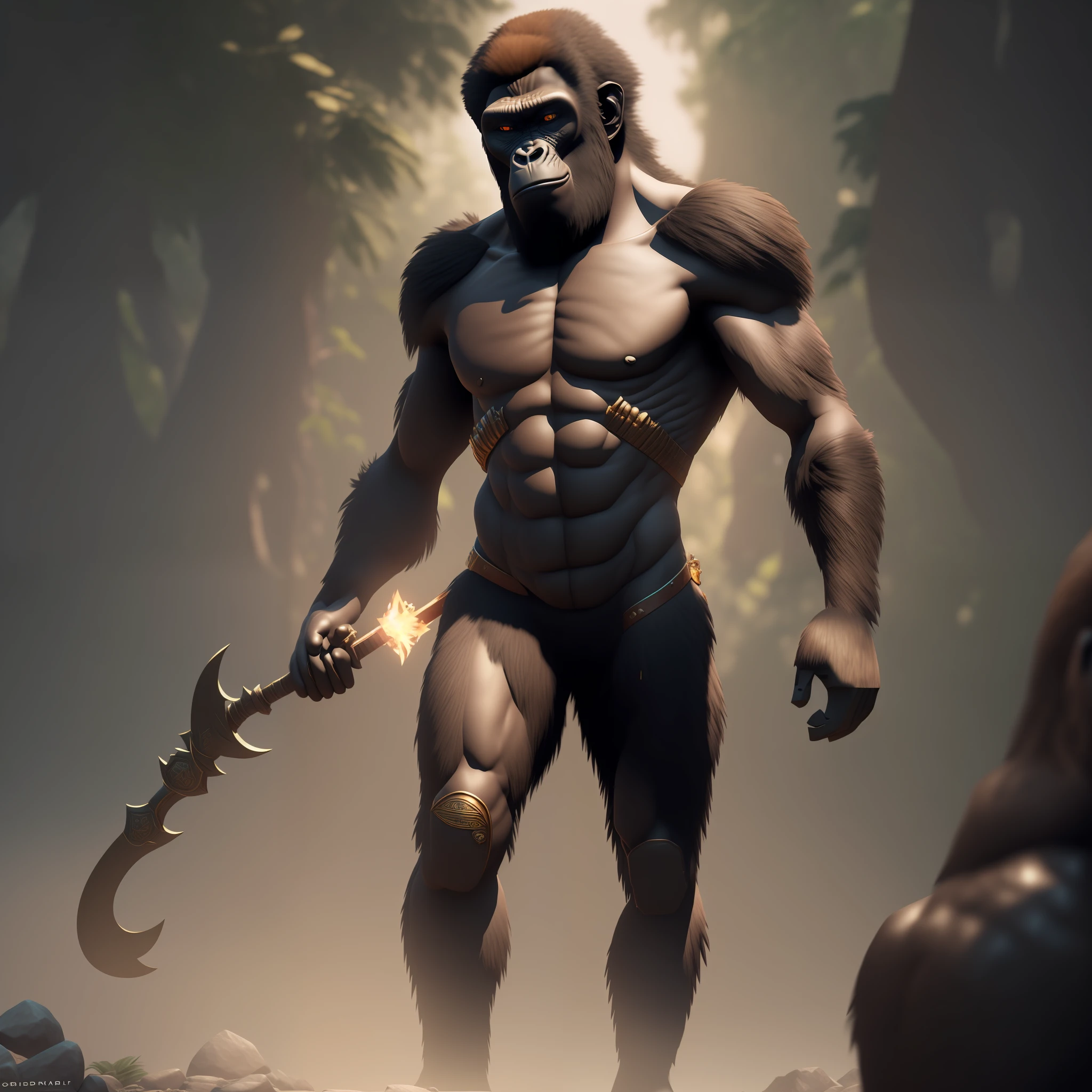 Arafed gorilla with a sword and a large head standing in a forest, humanoid monkey fantasy race, marmoset render, primal monkey style, rendered toolbag marmoset, 3 d render character art 8 k, marmoset toolbag render, 3 d ape shaman profile portrait, arnold 3d render, arnold 3 d render, crouched