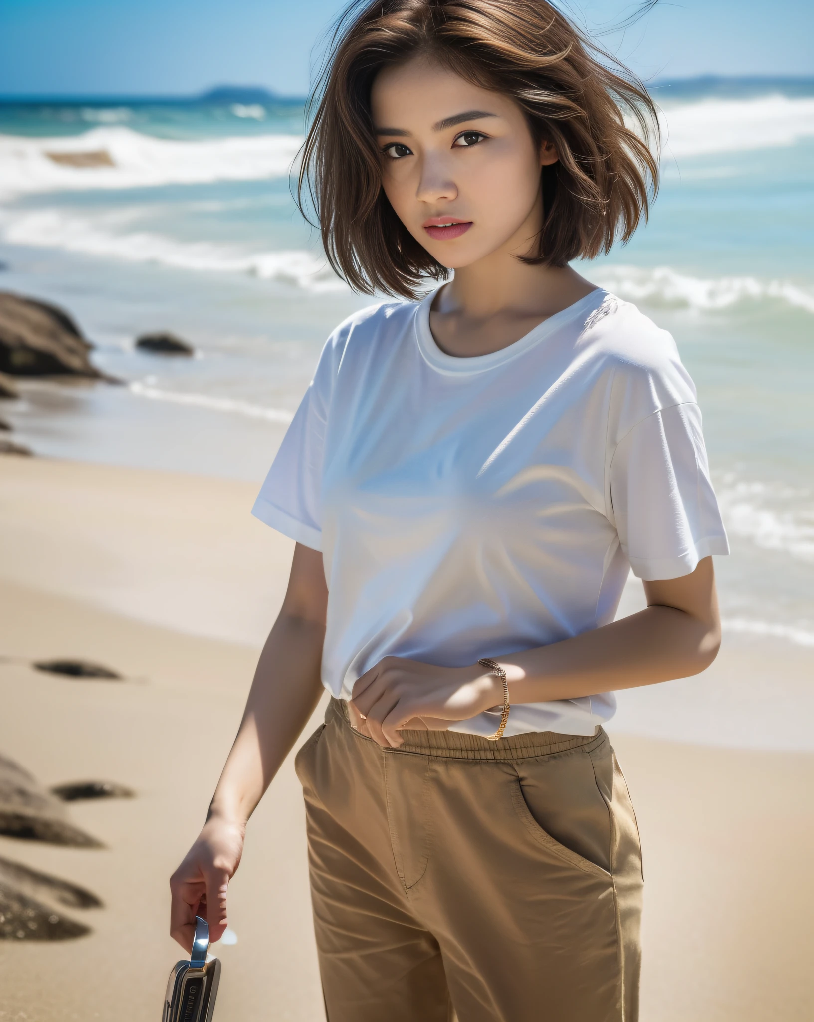 ((Best Quality, 8k, Masterpiece: 1.3)), Sharp Focus: 1.2, (1 Beauty: 1.1), (Photorealistic), Small Head: 1.3, Brunette Short Messy Hair, Small, Above Knee Photo, Front, Standing, White Long T-Shirt, Beige Pants, Beach, Daylight, Movie Lighting