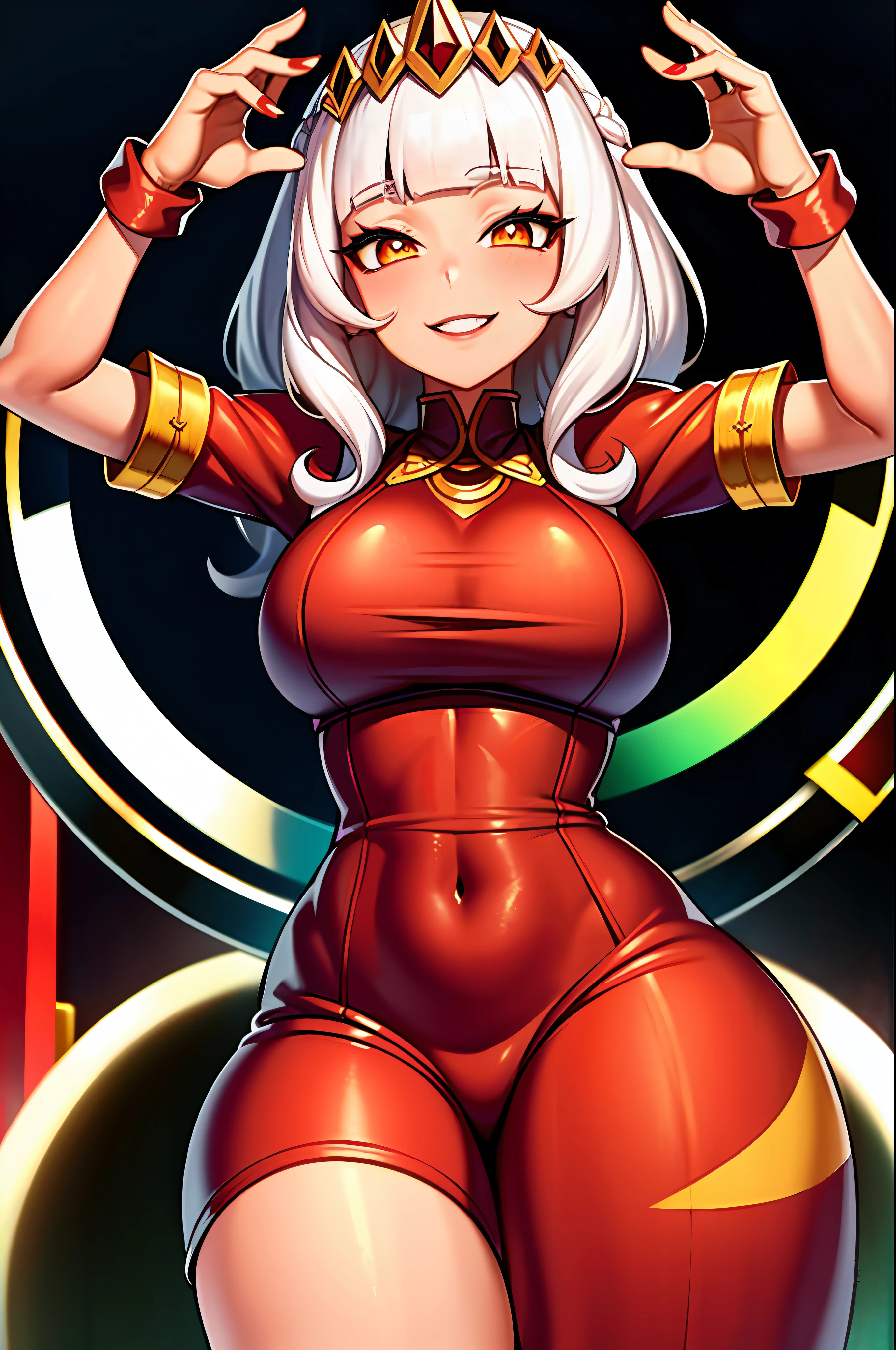 Portrait a qiyana ( in a party: 1.2) , oversized breasts , dress , smile , mature , white hair , orange eyes , masterpiece, red outfit , (top quality: 1.2) , makeup, (nighttime:1.2) ,