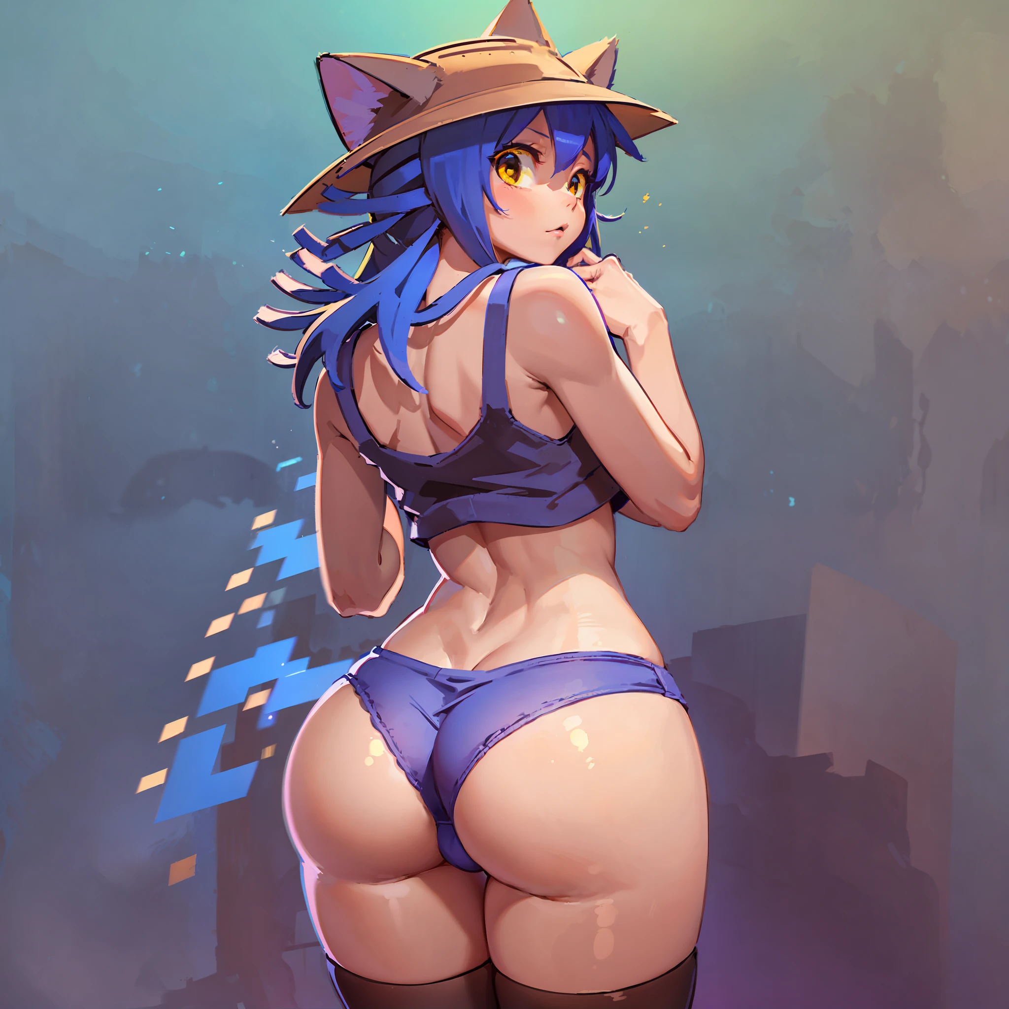 (1girl), (solo), cowboy shot, minimalist background, simple background, minamalistic background, simplistic background, best quality, (Niko), yellow eyes, blue hair, brown hat, hat (hat with brown cat ears), (underwear only), brown skin, (brown tank top), ((blue underwear)), from behind, wide hips, butt, large butt, large ass, suggestive