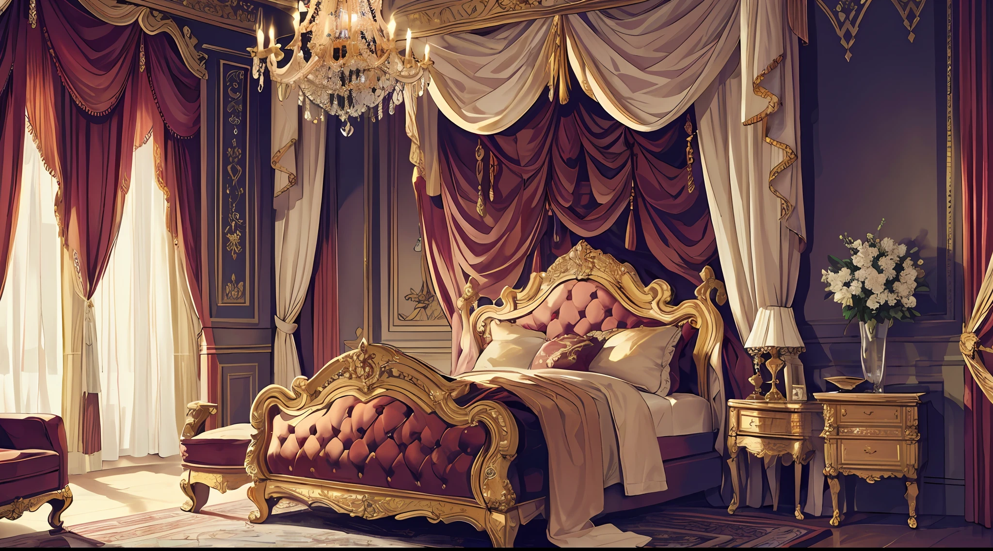 Royal Bedroom, Opulent and luxurious, fit for royalty, High quality, grand four-poster bed with intricate carvings and luxurious drapes, Exquisite tapestries depicting historical events adorning the walls, Rich, velvet curtains framing tall windows that overlook a magnificent landscape, Gilded furniture and golden accents, exuding a sense of regality and wealth, Soft, warm lighting from ornate chandeliers and candelabras, Plush carpets and silk rugs that cushion your steps as you explore the room, A private sitting area with velvet armchairs and a marble fireplace, A vanity table adorned with perfumes, jewelry, and a golden-framed mirror, Intricate ceiling frescoes depicting mythological scenes or celestial motifs, early morning light, eloquent curtains over large windows overlooking the gardens, visual novel background, anime concept art, masterpiece, computer wallpaper, 8k, detailed