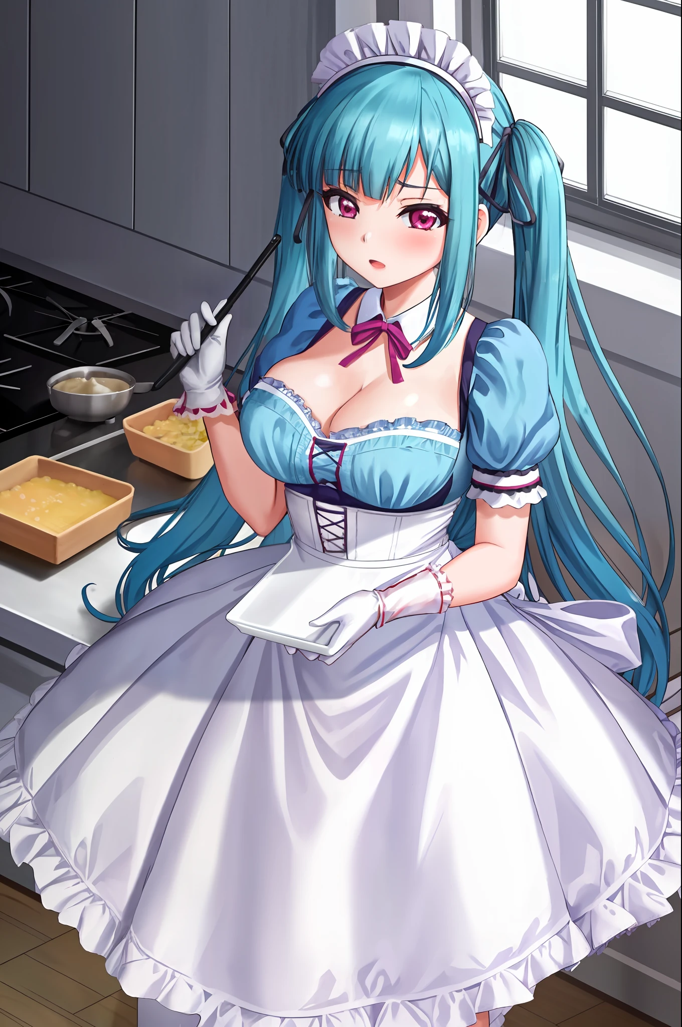 1girl, Miyu, twintails, maid uniform , frills, waist apron, maid headdress, white apron, gloves, cleavage, windows, kitchen,