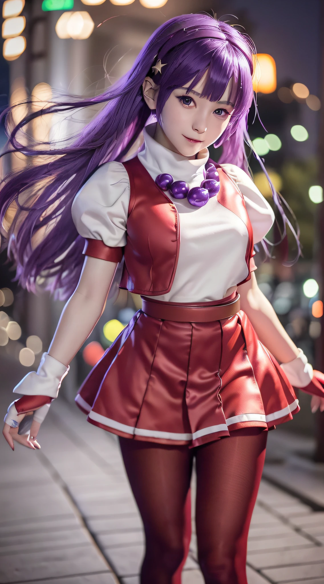 (8K,RAW photo, best quarity, masterpiece:1.2), cinematic light, (finely detailed face:1.2), (masterpiece:1.5), (best quality:1.2), (looking at viewer:1.2), (artstation:1.2), dramatic, epic realistic, super intricate details, detailed, [[rutkowski]], ( highly detailed CG wallpaper Unity 8k), popular on ArtStation, popular on CGSociety, Intricate, High Detail, Sharp focus, dramatic, photorealistic painting by Midjourney, (insanely detailed:1.5), Greg Rutkowski, ((detailed pupils)), (detailed face), ((cinematic look)), Extremely Sharp Lines, Realistic Photos, A Detailed Masterpiece, elegant, clear focus, Depth of field, Movie Wallpaper, Facial Focus, physically-based rendering, photon mapping, physically-based rendering, (((looking at camera))), (((bokeh (background))), golden time, athena97, 1girl, solo, purple eyes, purple hair, long hair, white earrings, red hairband, star hair ornament, medium breats, red vest, white turtleneck, white puffy sleeves, short sleeves, red pleated skirt, (deep red pantyhose:1.2), black pantyhose, yellow belt, (purple sphere shape necklace:1.13), red fingerless gloves, white short socks, red shoes,(sweet face of 17-years-old girl:1.1),smiling, In the neon district of Akihabara at night, very big cute eye