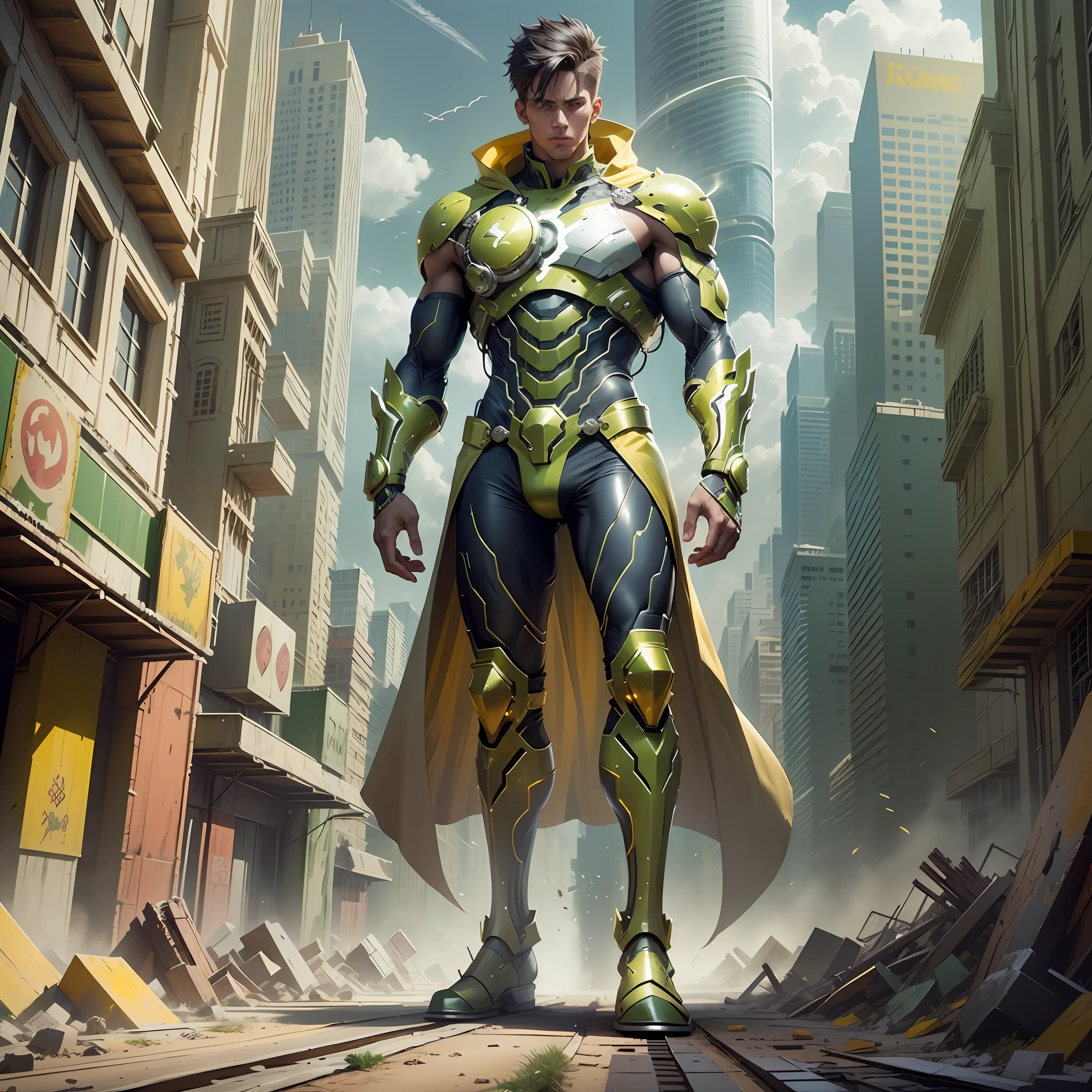 Develop an image of a hero wearing a green and gold costume. The hero must have a noble and powerful appearance, with distinct character traits. The green and gold costume should be modern and futuristic, with technological elements and details that make it unique. The hero must be in a heroic pose, as if he is ready to face any challenge that comes his way. The background scene can be an urban landscape or an imaginary landscape that matches the heroic aura of the character. Feel free to add creative and interesting details to make the hero even more captivating --auto --s2