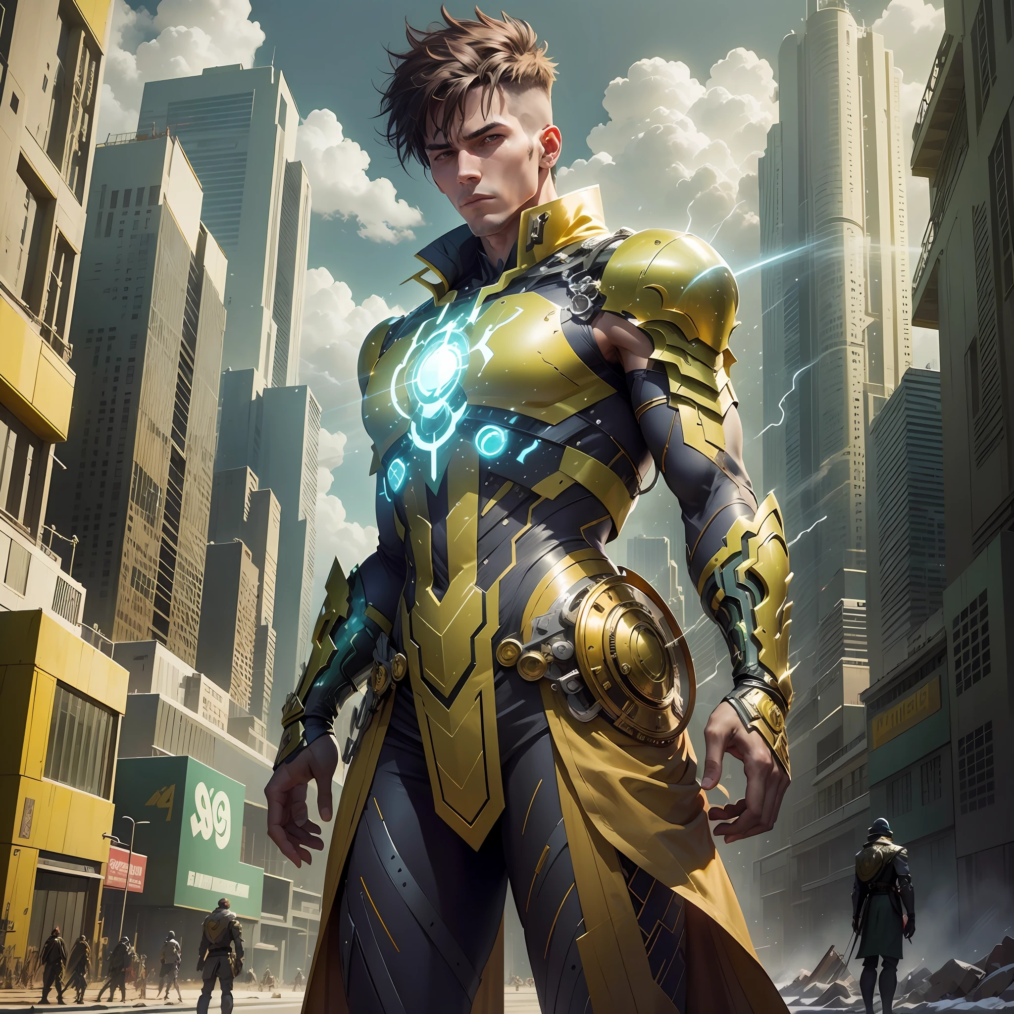Develop an image of a hero wearing a green and gold costume. The hero must have a noble and powerful appearance, with distinct character traits. The green and gold costume should be modern and futuristic, with technological elements and details that make it unique. The hero must be in a heroic pose, as if he is ready to face any challenge that comes his way. The background scene can be an urban landscape or an imaginary landscape that matches the heroic aura of the character. Feel free to add creative and interesting details to make the hero even more captivating --auto --s2