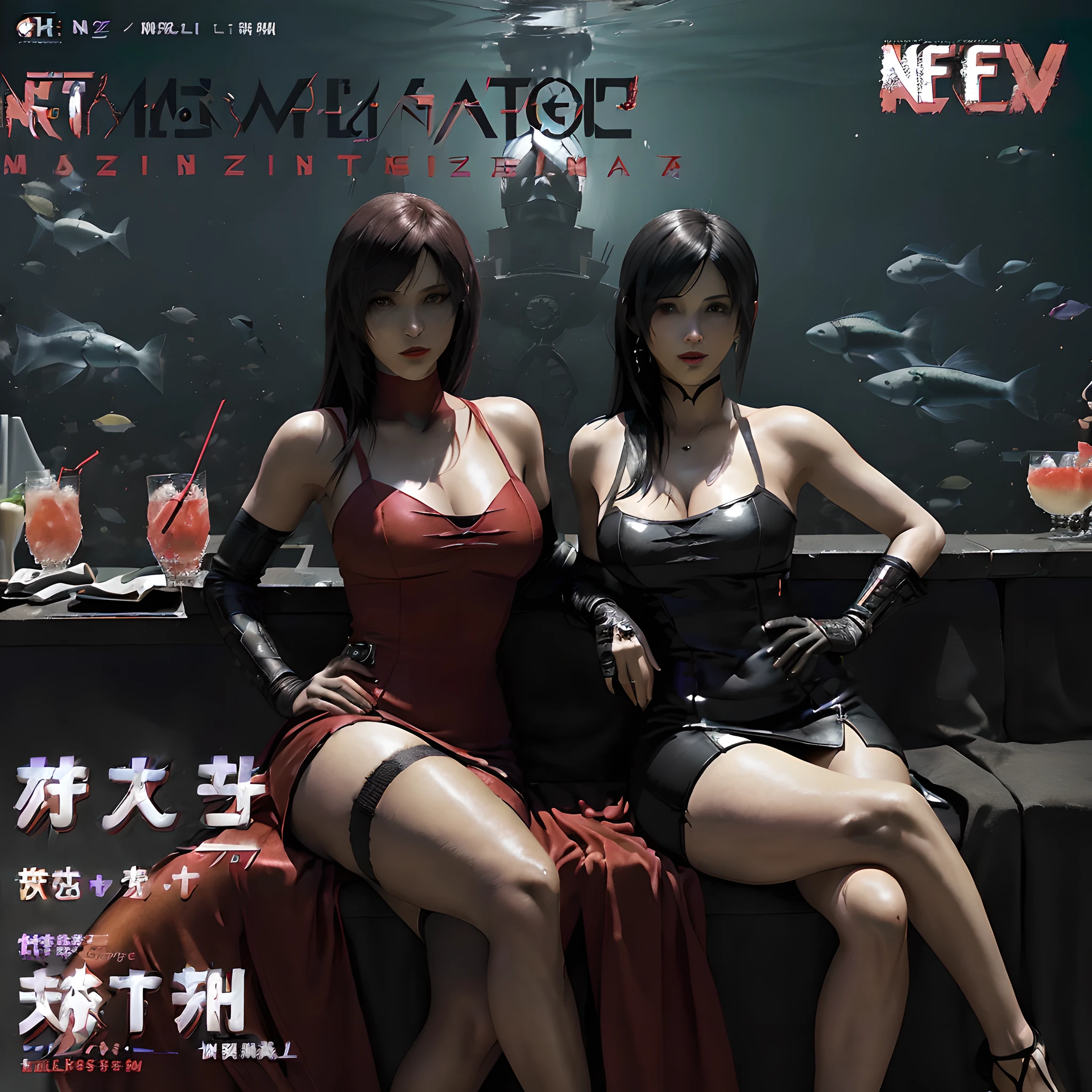 (magazine cover:1.7),Nier Automata, Final Fantasy 7 Remake, Final Fantasy XVI , A woman like Tifa or 2B wearing a red dress and red lipstick, red lips,pout,scowl , red dress, Artstation , pixiv, deviantart , aesthetic , beautiful , highly detailed , original work , master piece , extreme details , classy , formal , sitting , legs crossed , holding a drink , upper class bar, the background must be under water with fish in the glass , similar to an aquarium , aquatic life , see animals , sea plants,Foreground Cyrillic and kanji , lettering in dark colours ,HDR, OLED ,Wallpaper , Headline , Front cover , Crimson Red , Candy Apple Red , reflections, (nfsw:1.9)